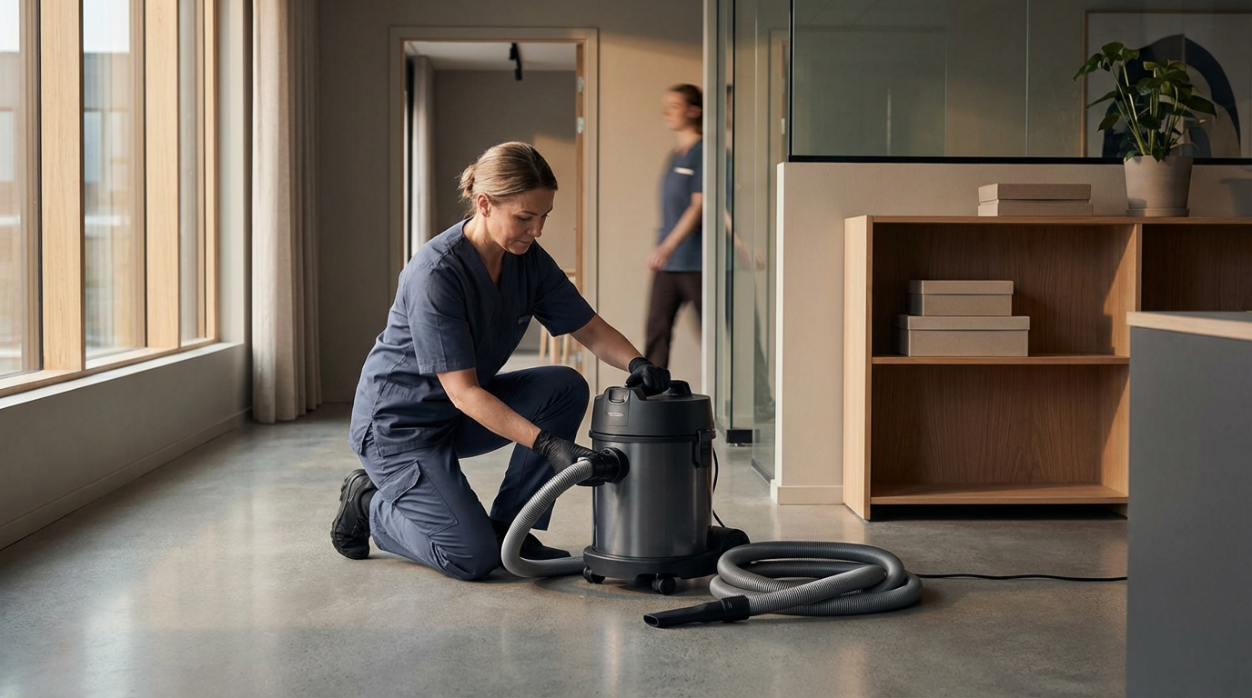 A female janitor in navy scrubs kneeling on the floor, cleaning with a professional vacuum cleaner in a modern office space with large windows, a wooden shelf, and a potted plant.