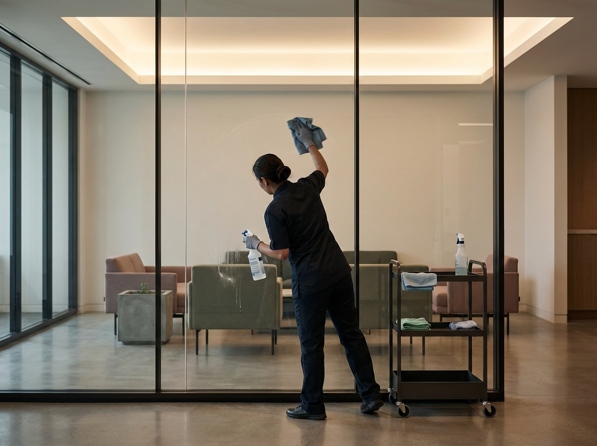 A woman in black uniform cleaning a glass door with a spray bottle and cloth in a modern office waiting area with sofas and a cleaning cart.