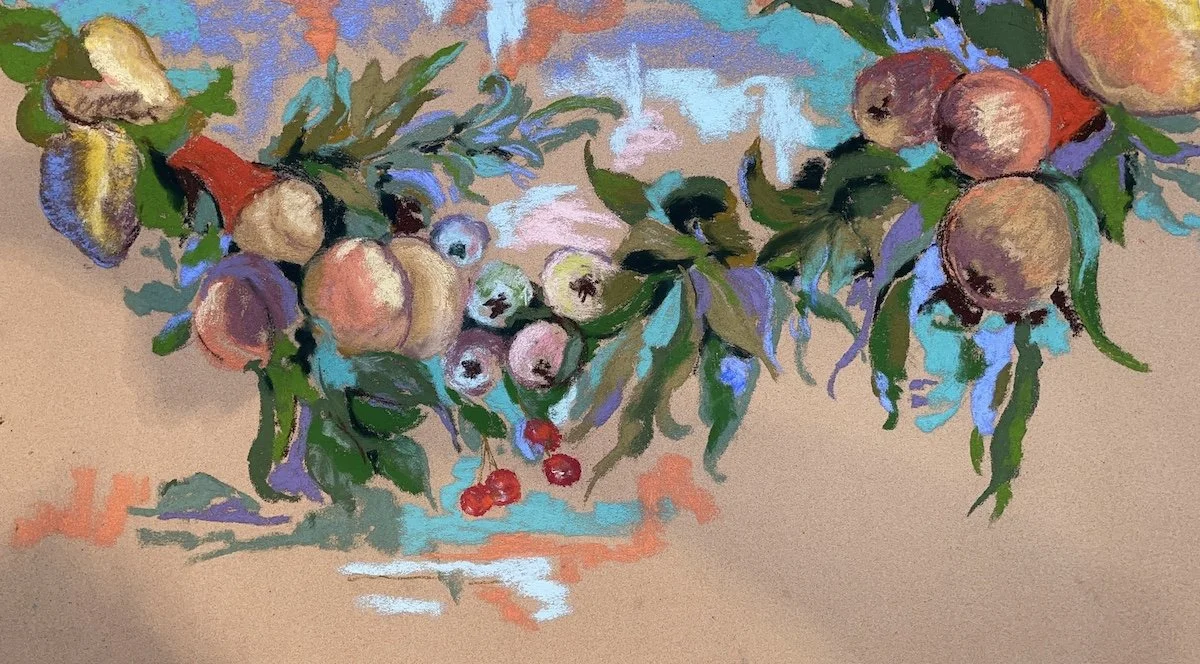 Painting of various fruits hanging from a branch, including apples, peaches, cherries, and pomegranates, with green leaves on a neutral background.
