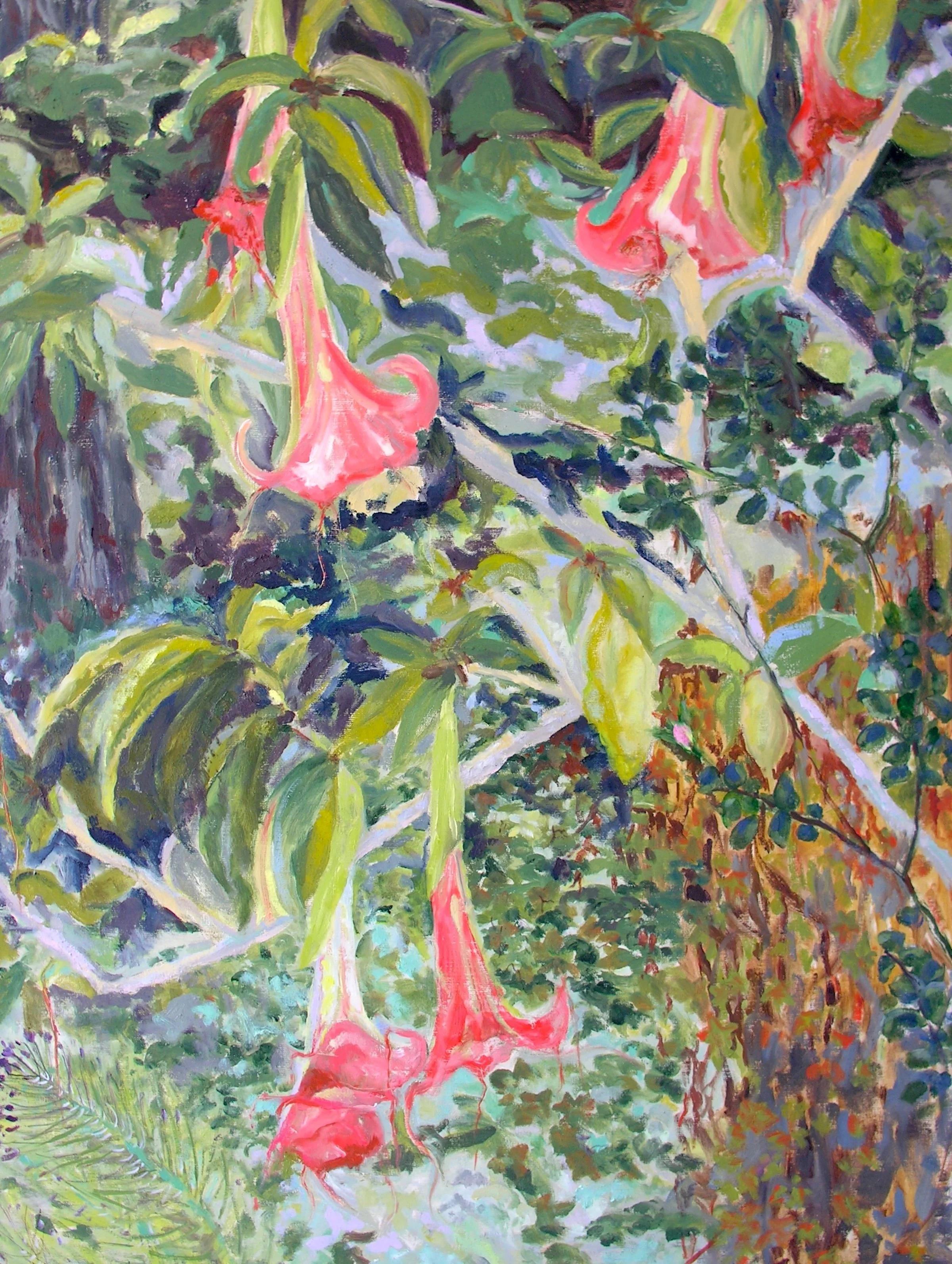 Painting of pink flamingos walking in lush green foliage with dense trees and bushes in the background.