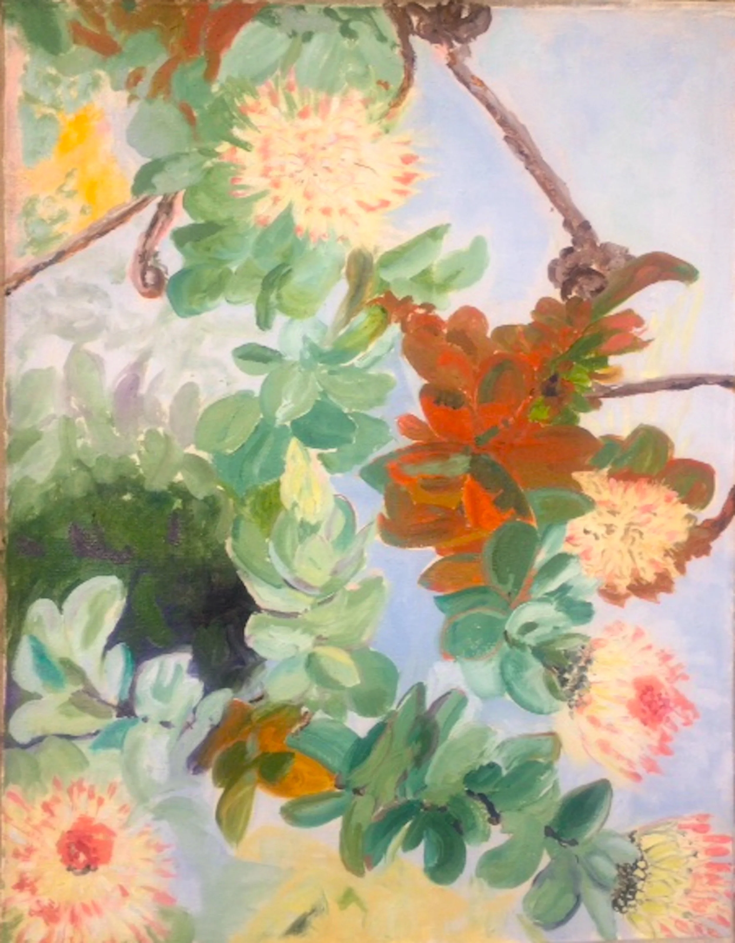 A vibrant watercolor painting of green leaves, orange and yellow flowers, and two yellow butterflies against a light background.