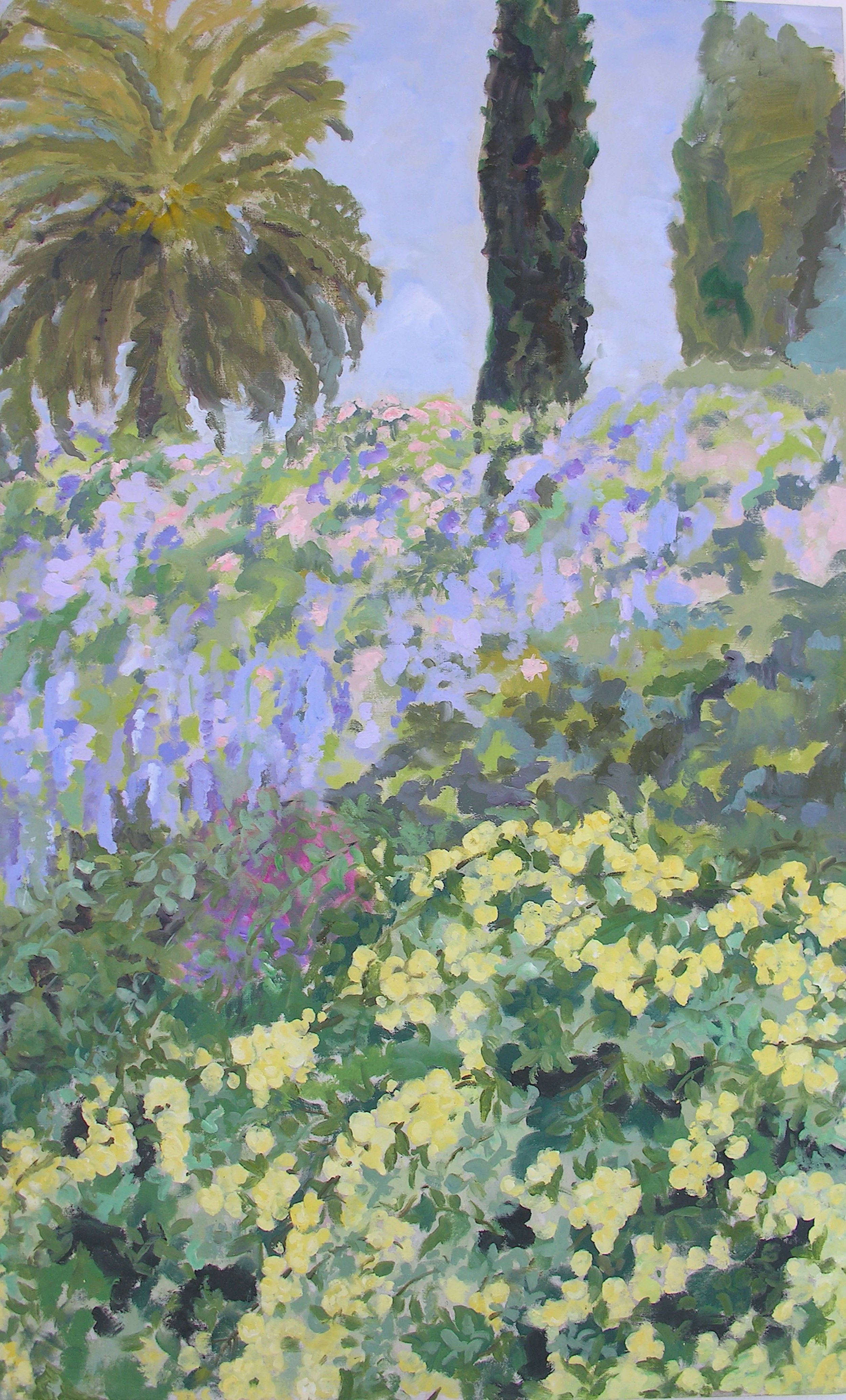 A garden scene painted in an impressionist style with various trees, flowers, and plants, including a large palm on the left and a tall dark tree trunk in the center. The foreground and middle ground are filled with purple, yellow, and green foliage.