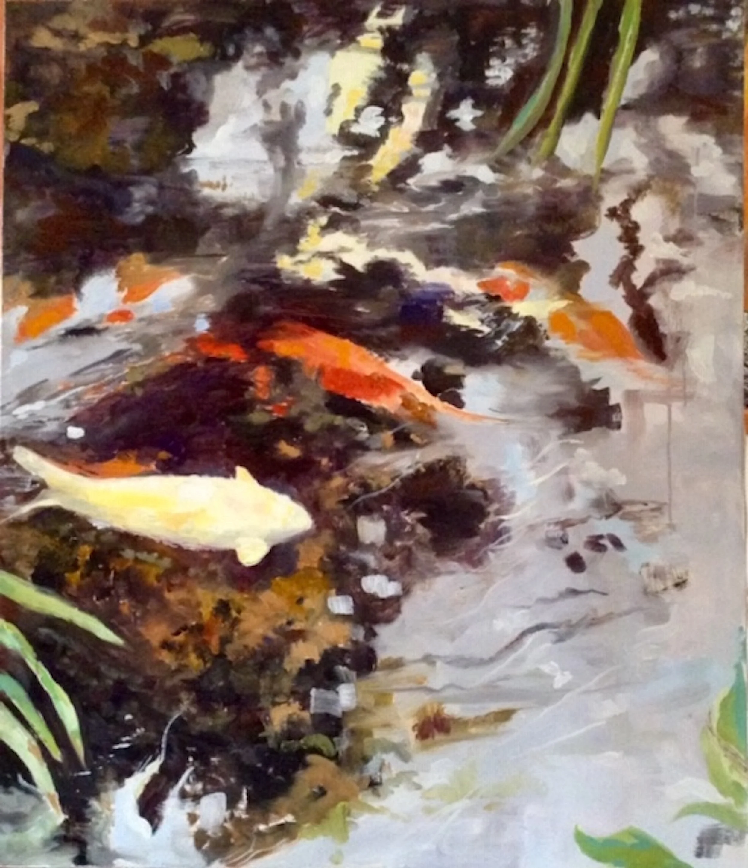 An impressionistic painting of a pond scene with koi fish swimming among rocks and plants.