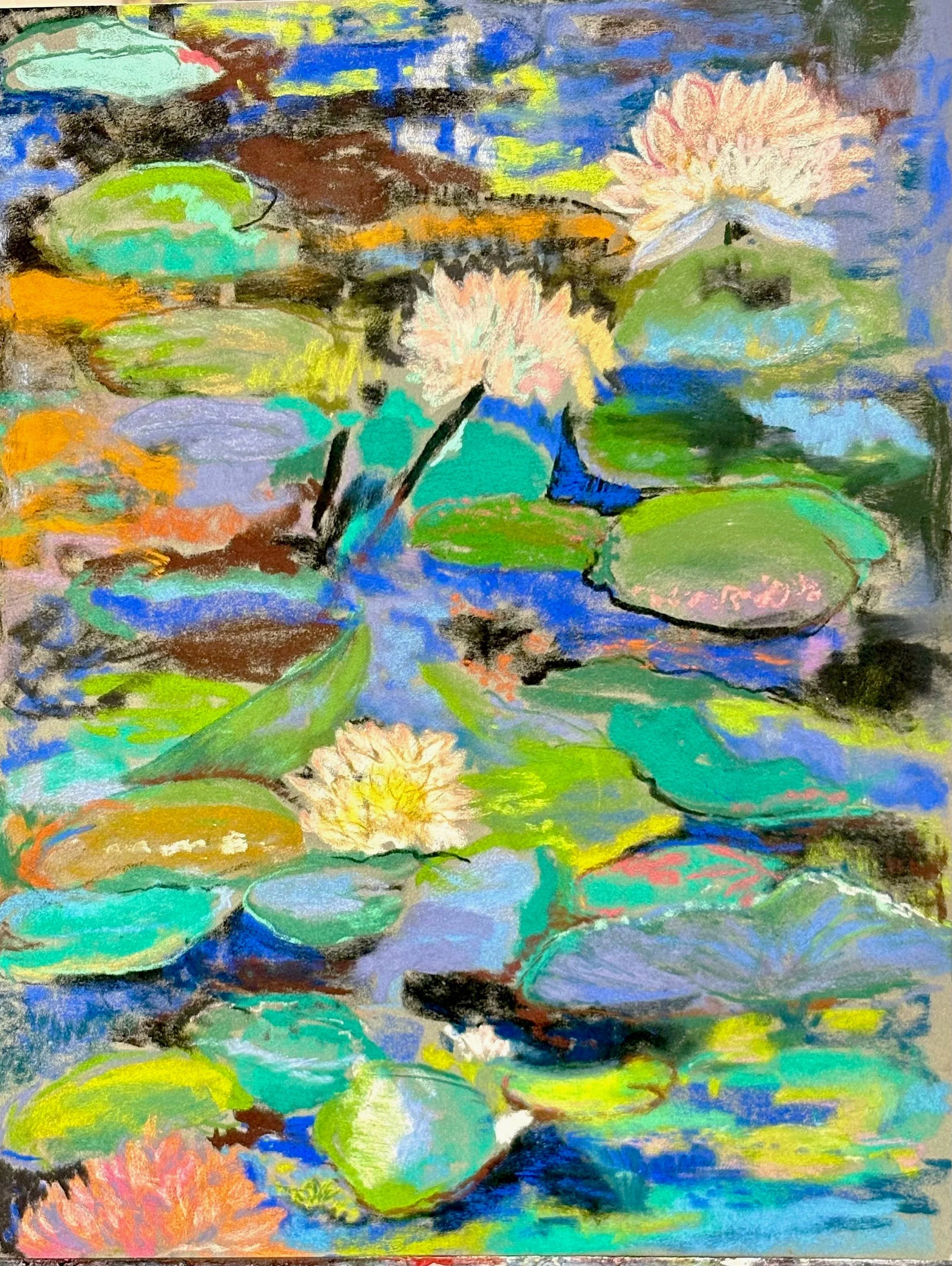 A colorful impressionist painting of a pond with multiple water lilies and large lily pads in shades of green, pink, yellow, blue, and orange.