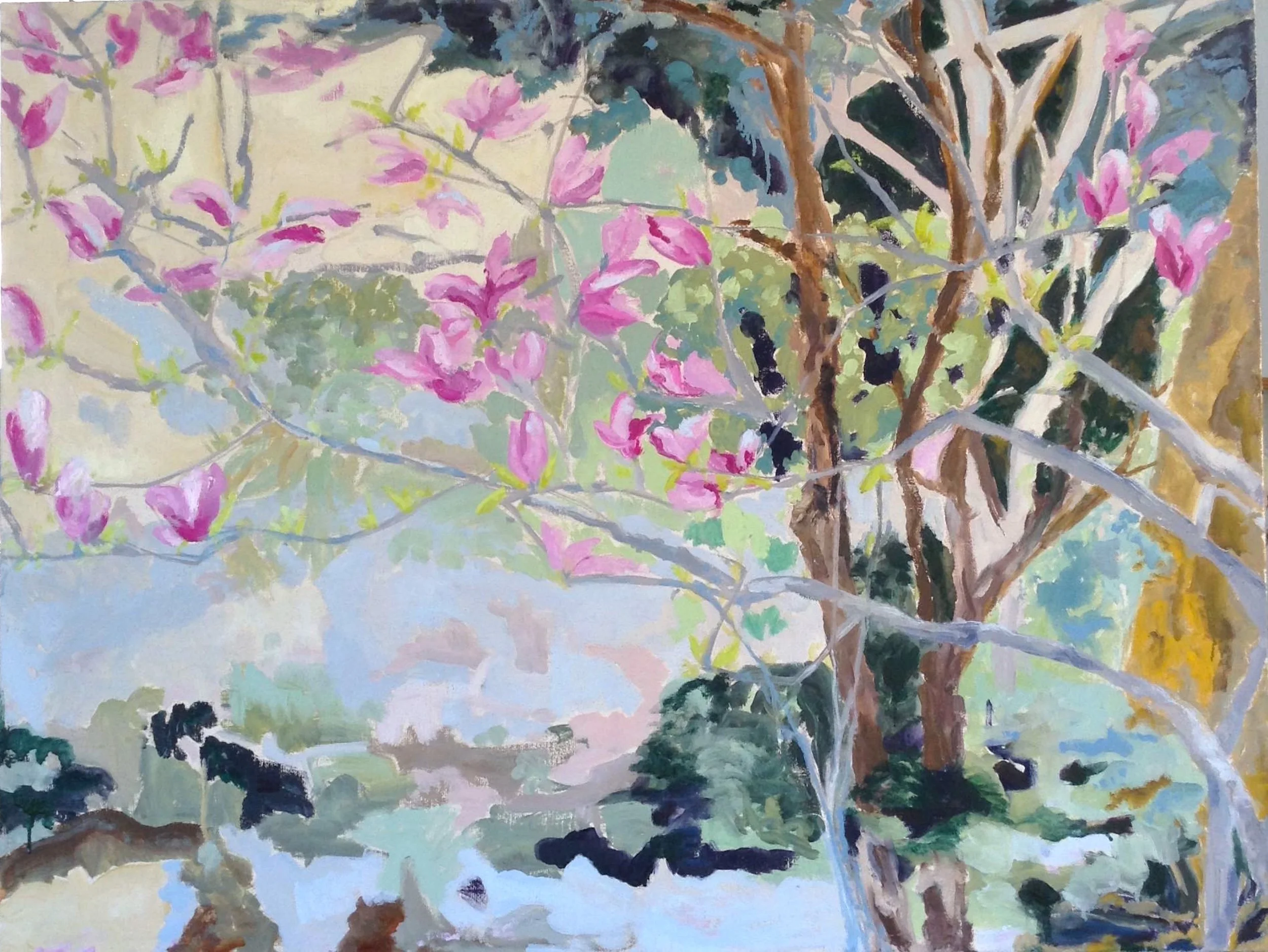 A painting of a tree with pink blossoms and dark green leaves, set against a light sky with hints of blue and green.