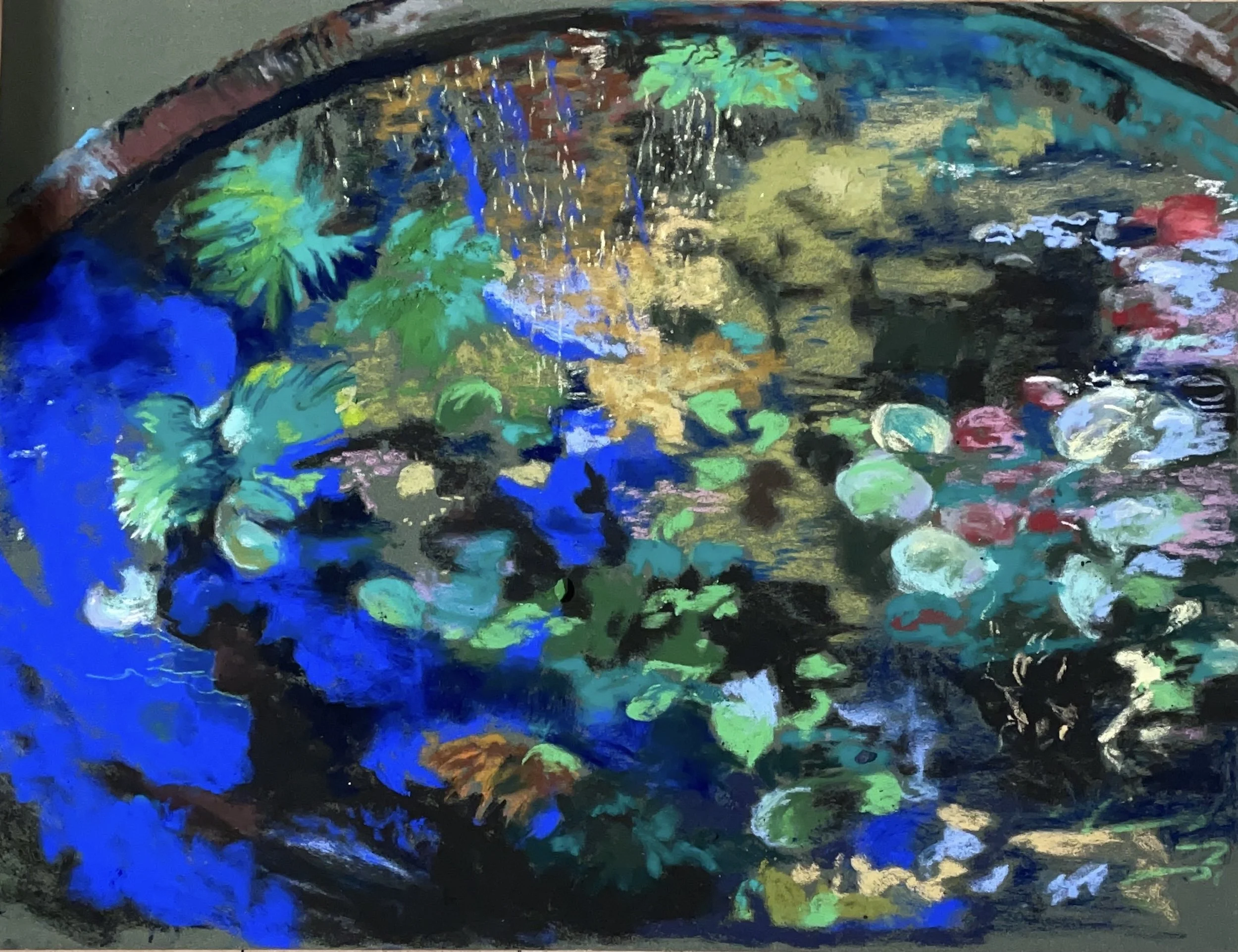 Abstract painting with vibrant colors depicting a landscape with a bridge, water, and trees
