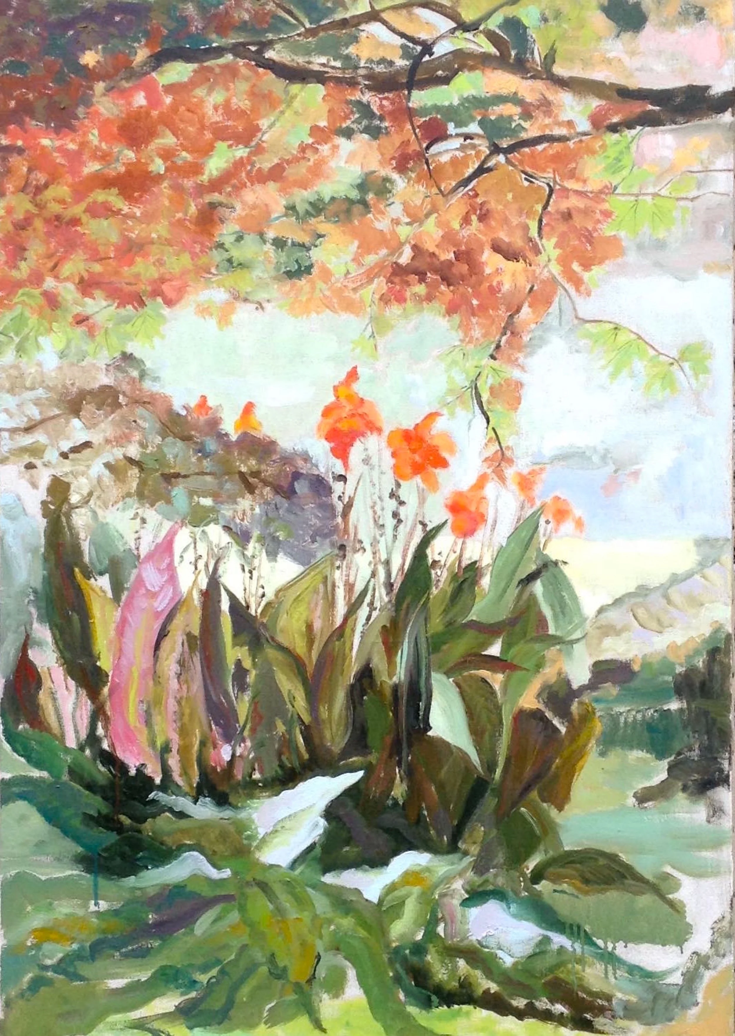 A colorful watercolor painting of a tree with orange and red leaves in a pot, with green foliage and grass below, and water in the background.