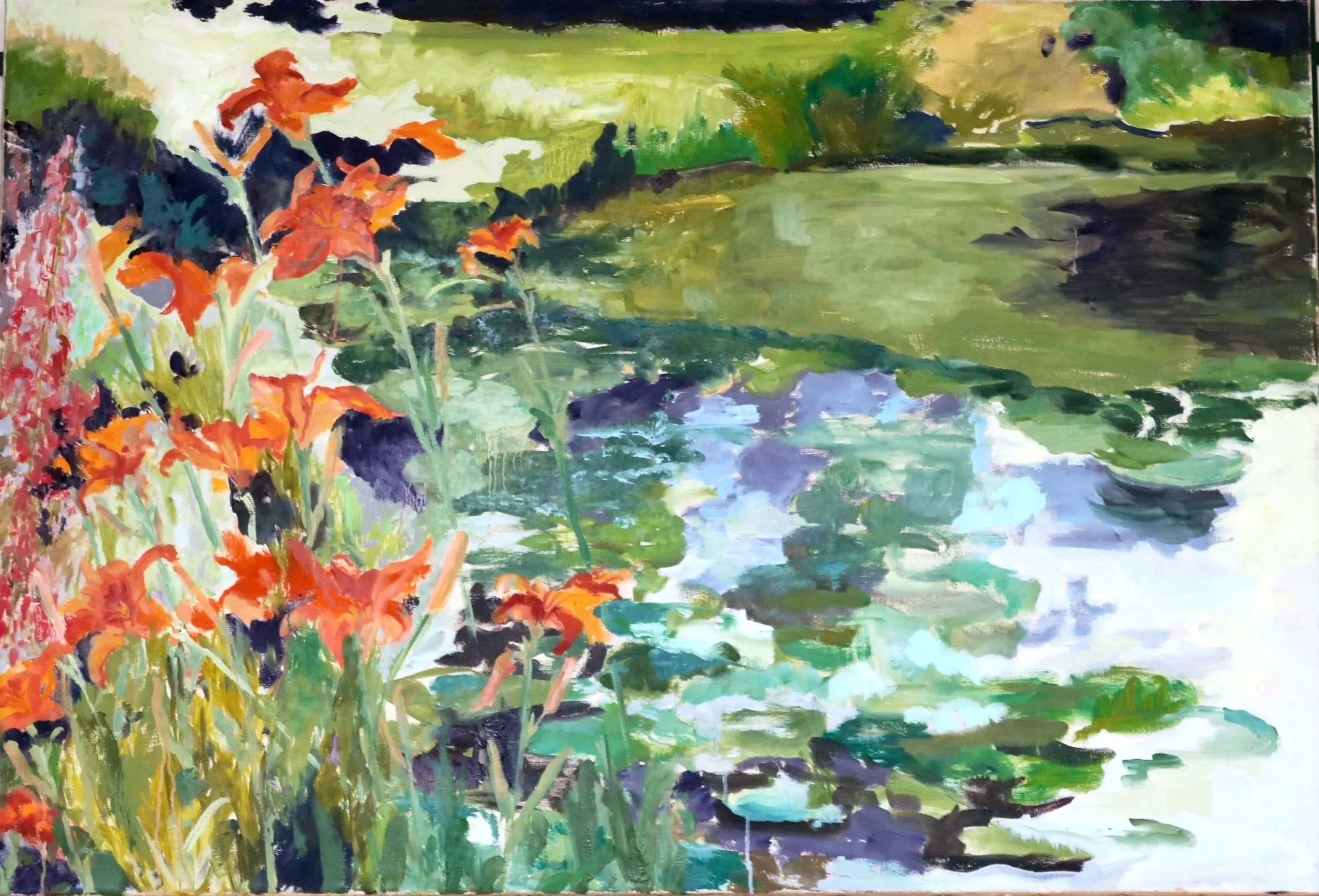 An abstract impressionist painting of a nature scene with orange and green flowers near a reflective water body, using broad brushstrokes and vibrant colors.