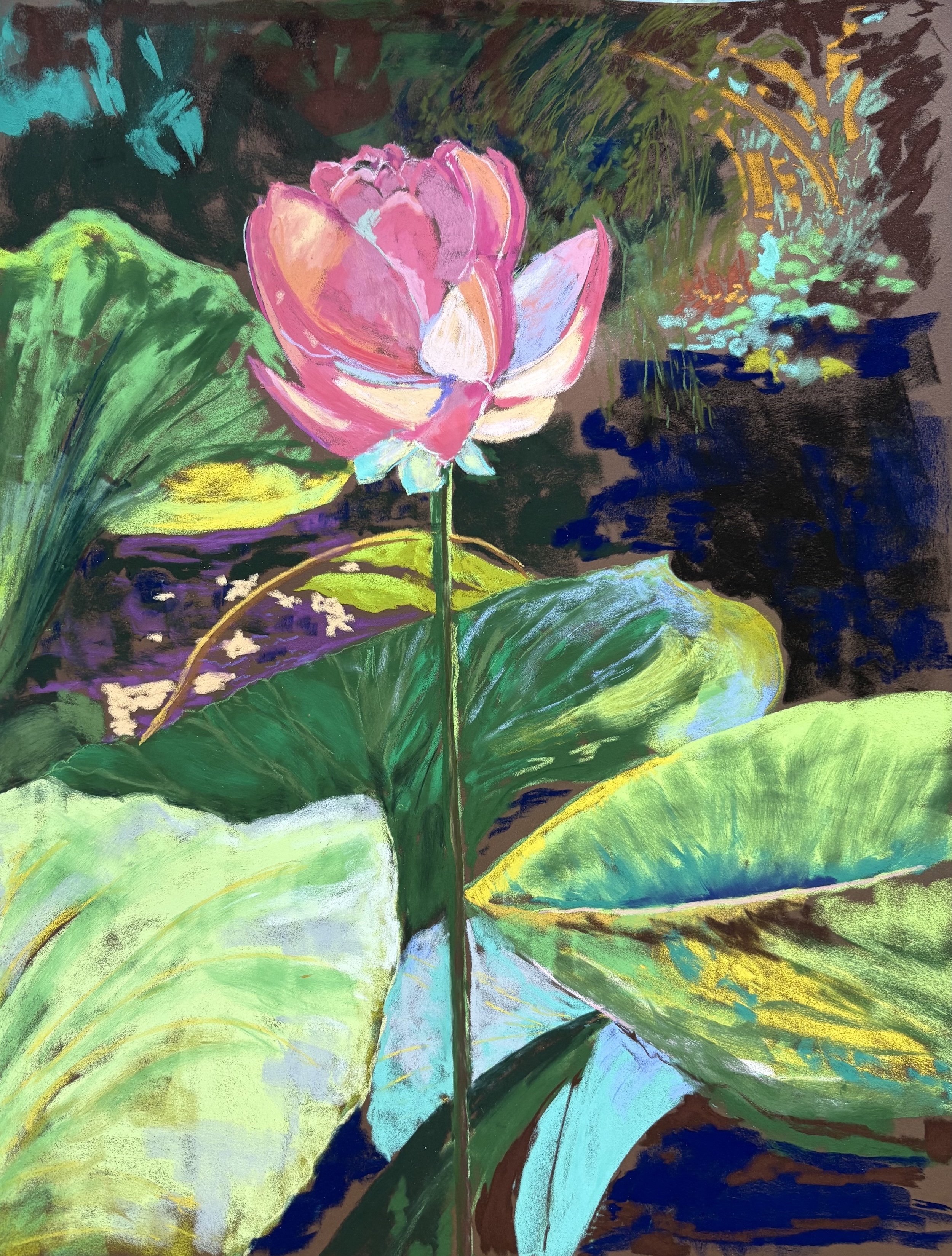 Abstract colorful artwork depicting a pink lotus flower with large green leaves on a dark background with some hints of blue, yellow, and teal.