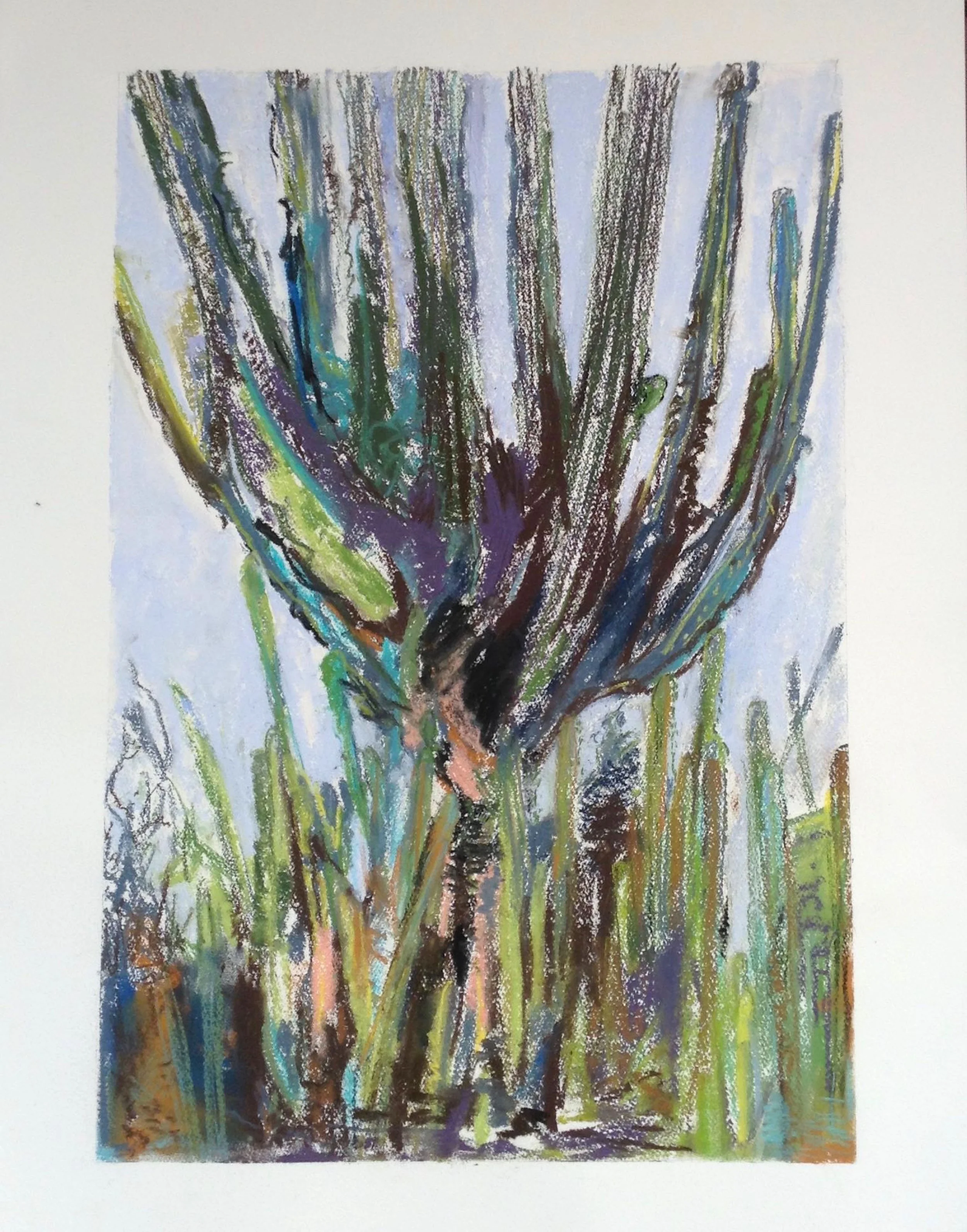 An abstract artwork with vertical streaks of green, purple, blue, and black colors.