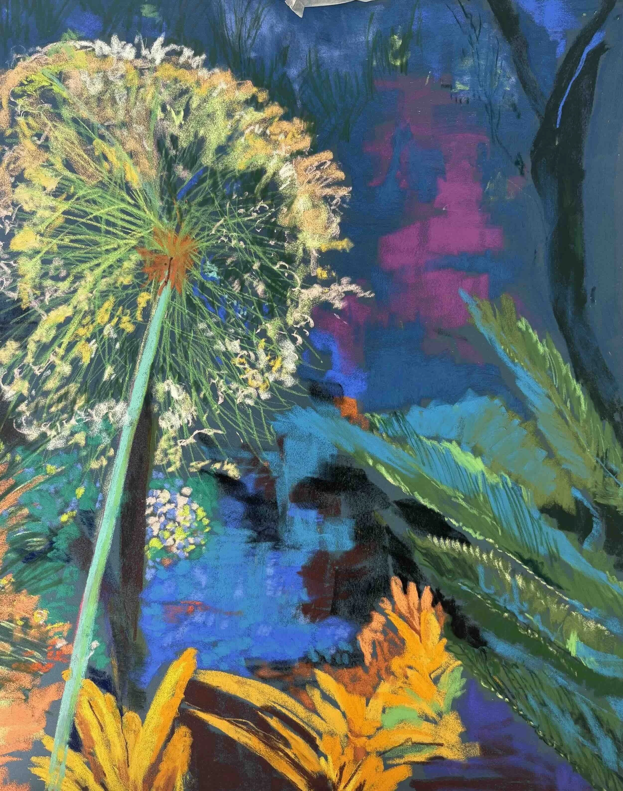 An abstract artwork featuring vibrant colors such as yellow, orange, green, blue, and purple with flowing, brushstroke textures and patterns.