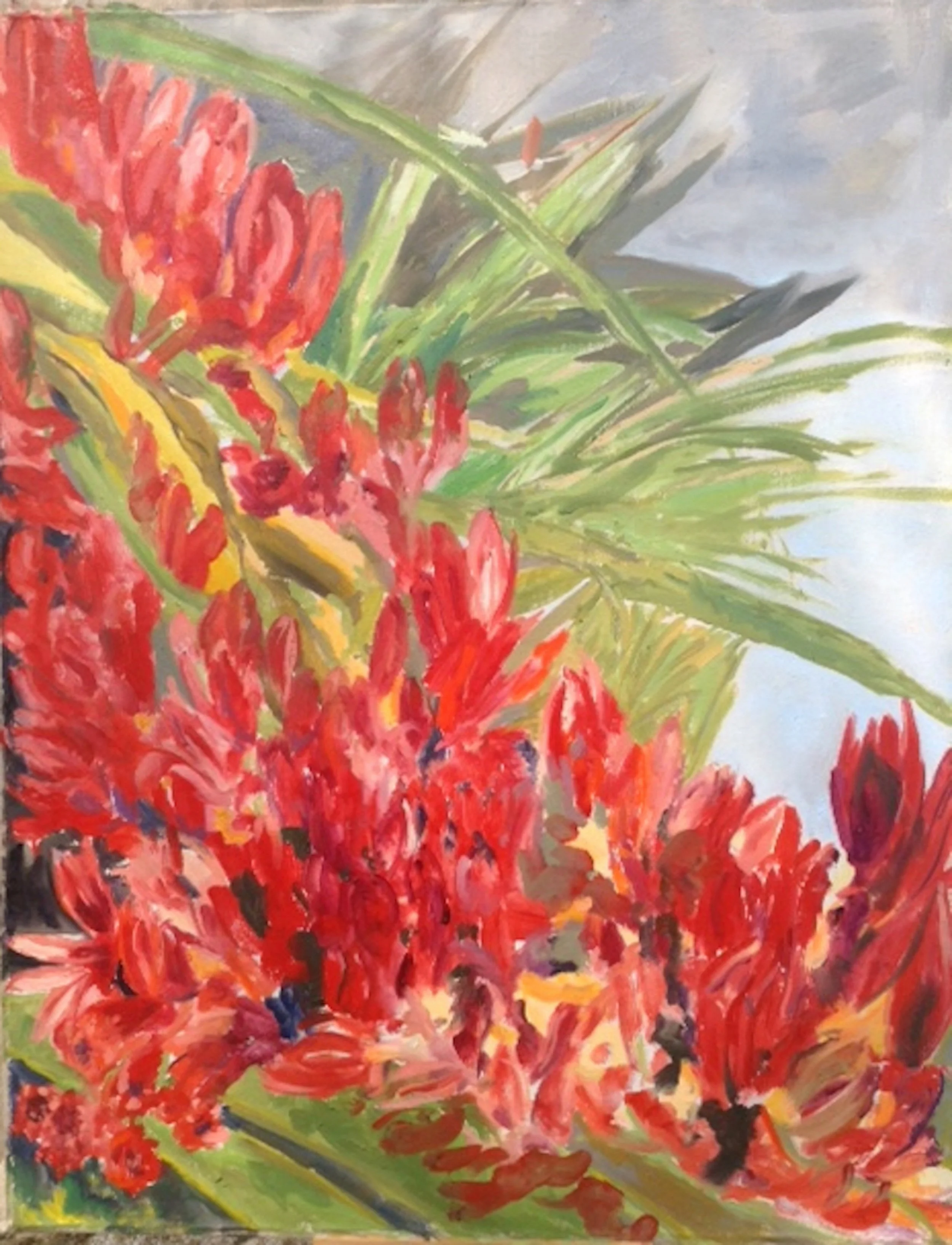 A vibrant, colorful painting of red, orange, and yellow flowers with green leaves on a light background.