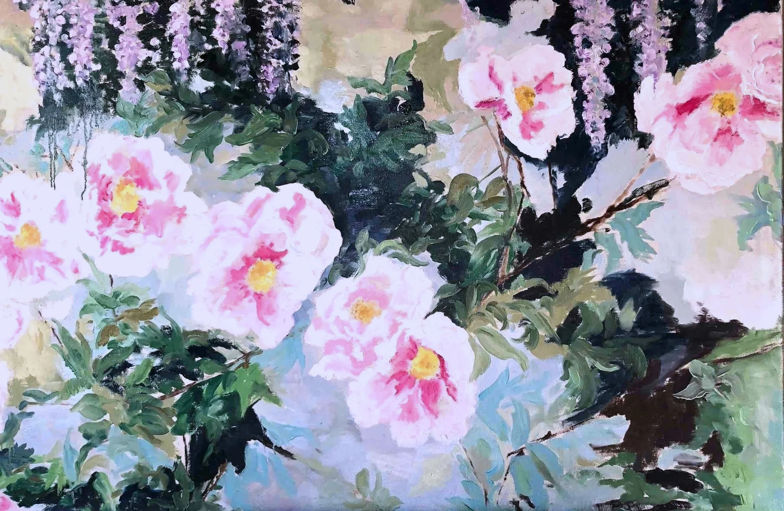 A painting of pink and purple flowers with green leaves against a light background.