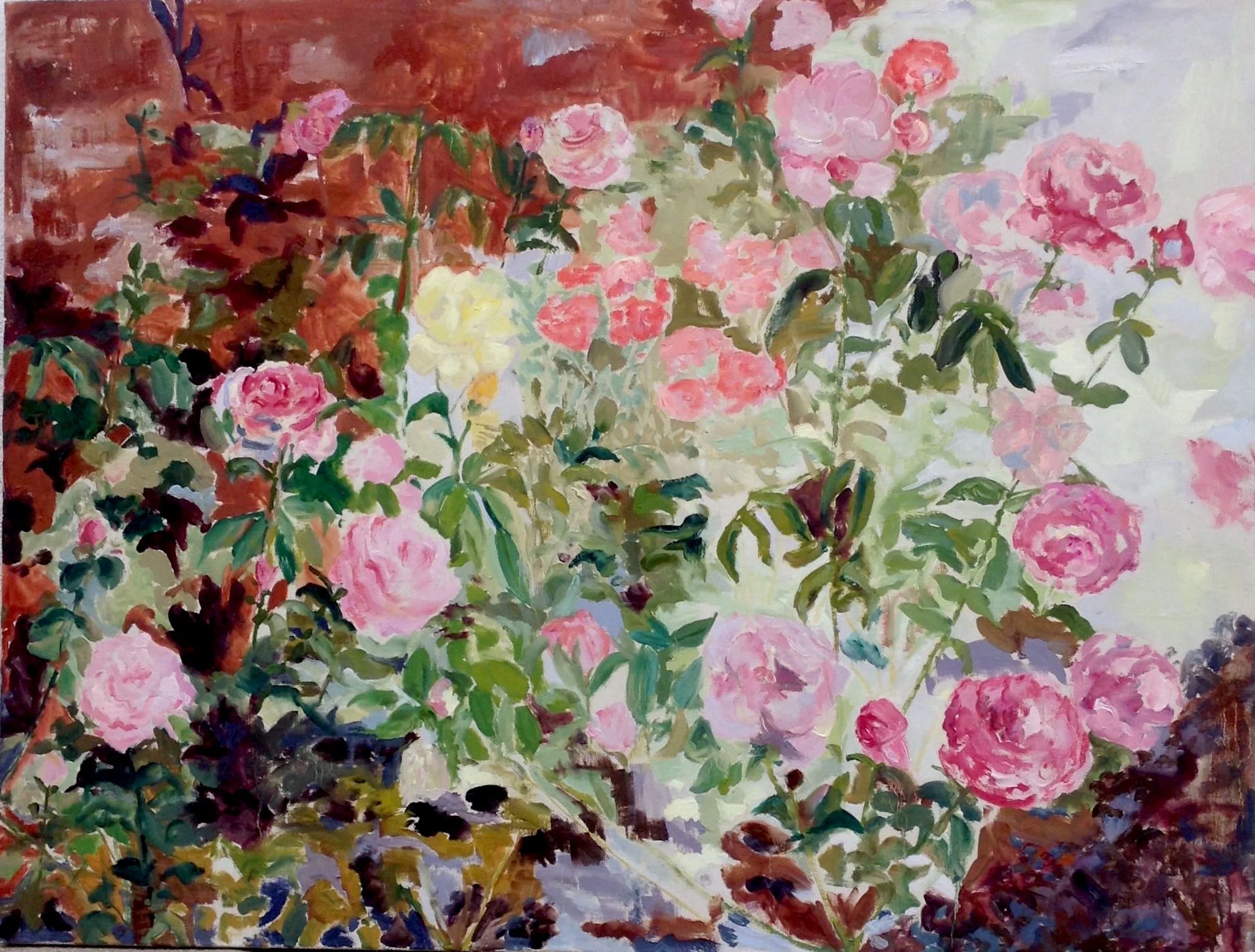 An impressionist painting of pink roses and green leaves against a colorful background.