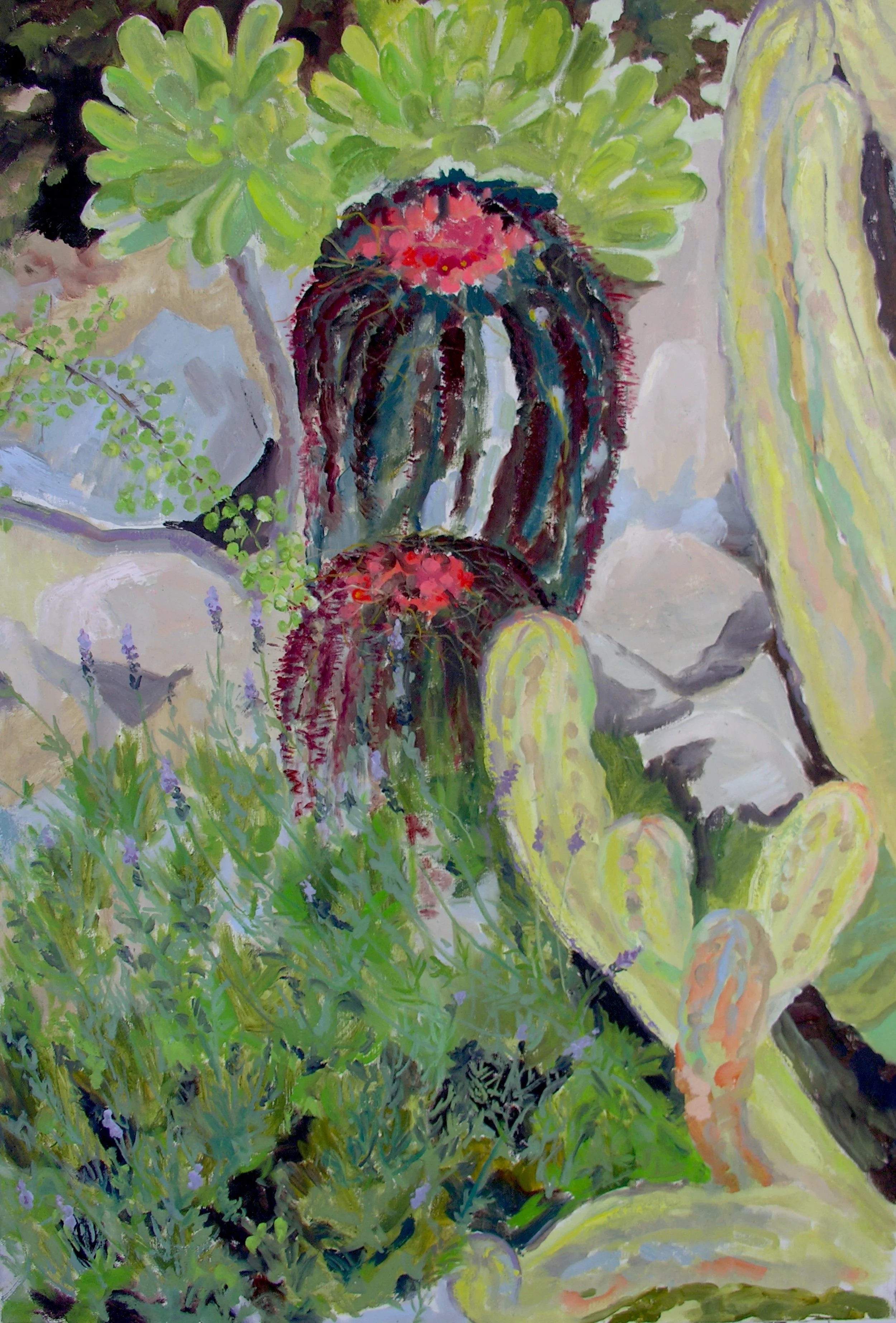 Painted desert scene with various cacti, including a large yellow cactus on the right, a green prickly pear cactus with flat pads at the top, and a smaller red cactus with vertical ridges and spines in the center, surrounded by green vegetation.