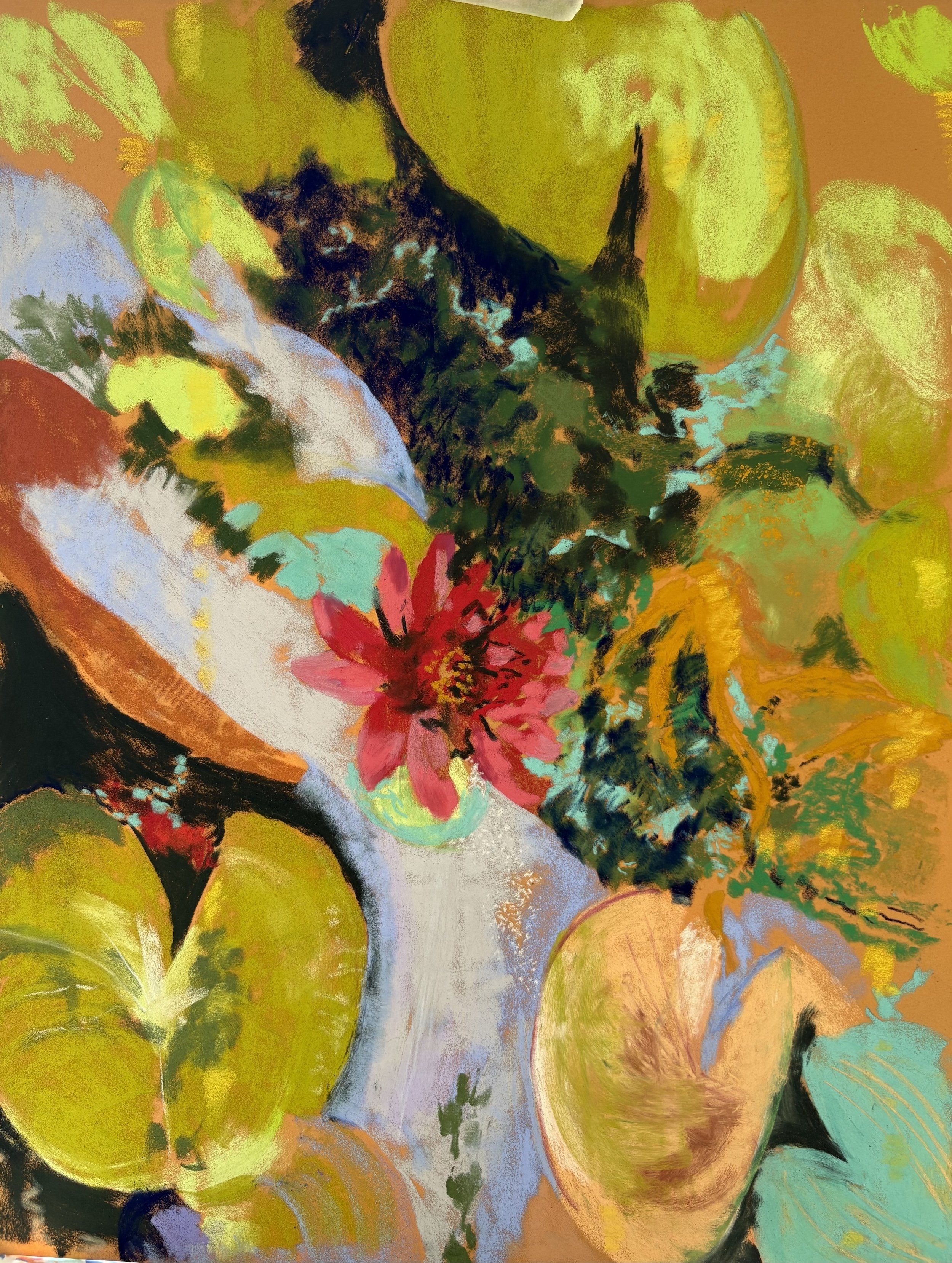An abstract painting with bright yellow, green, orange, red, and blue hues, featuring a red flower at the bottom and various overlapping shapes and textures.
