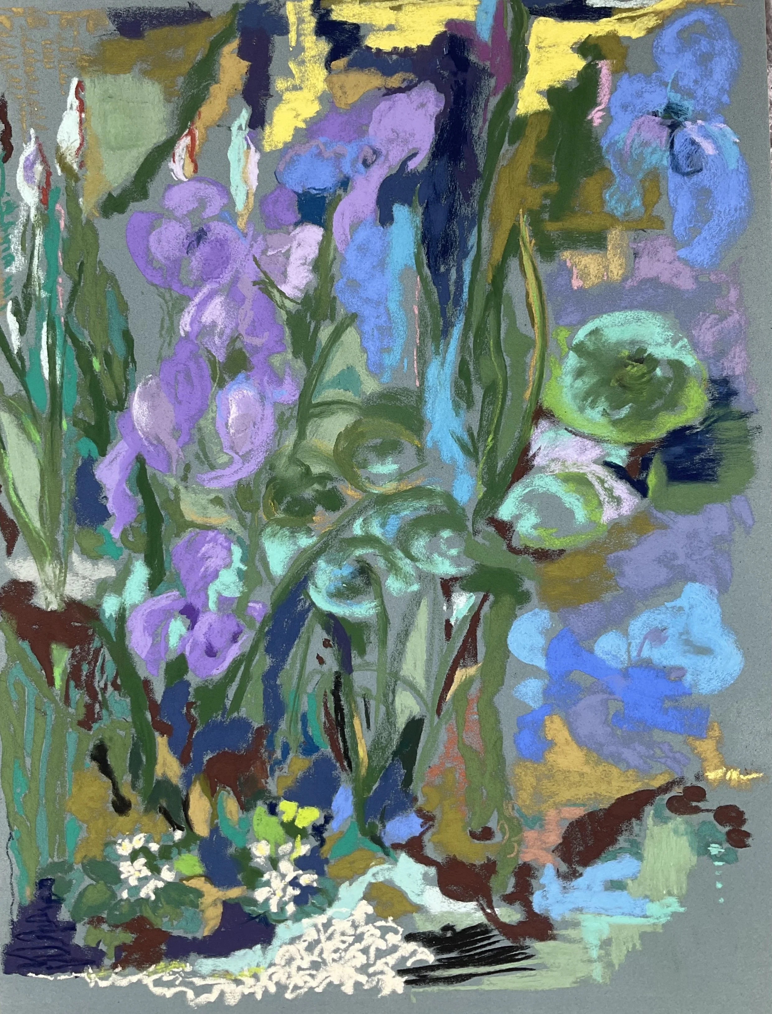 An impressionistic painting of colorful flowers with purple, blue, white, and yellow blooms, set against green leaves and stems, with a textured background.