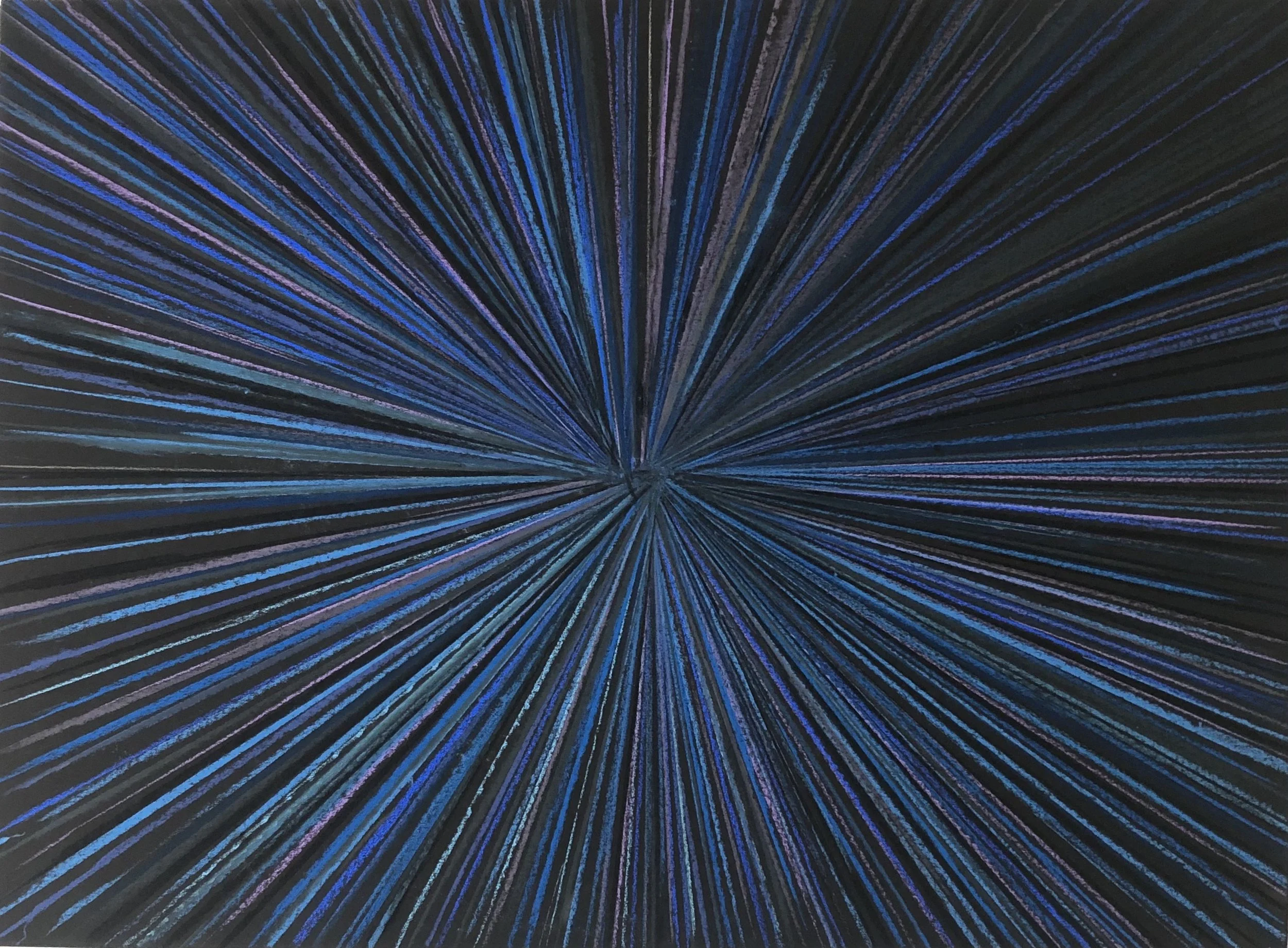 Close-up of a fiber optic cable with glowing blue and purple strands radiating outward from a central point.