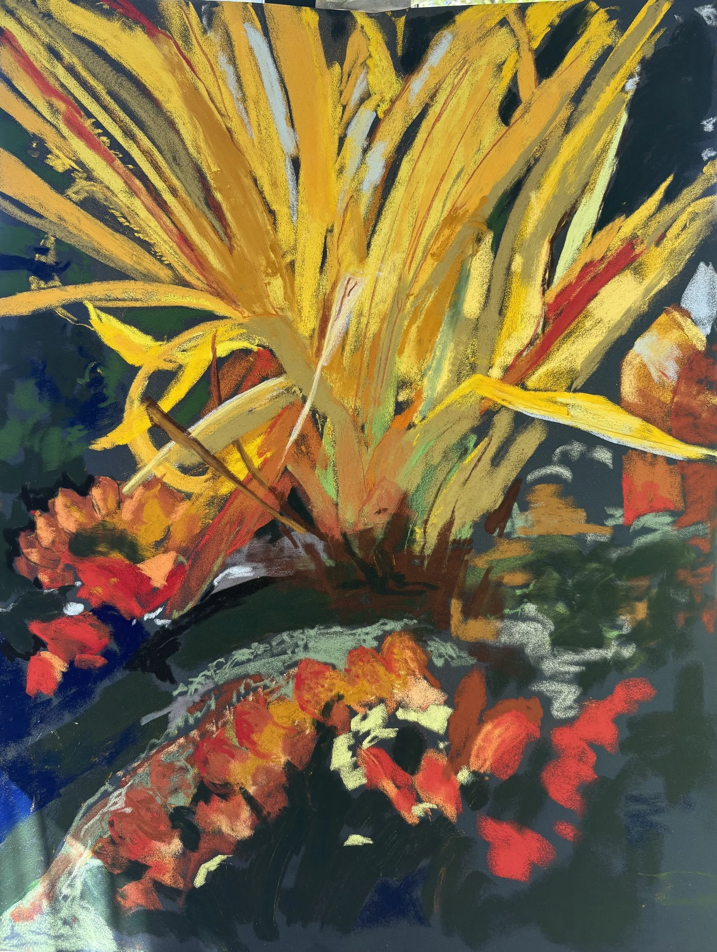 An abstract painting of a sunflower with a dark background, featuring bright yellow petals and orange-red accents.