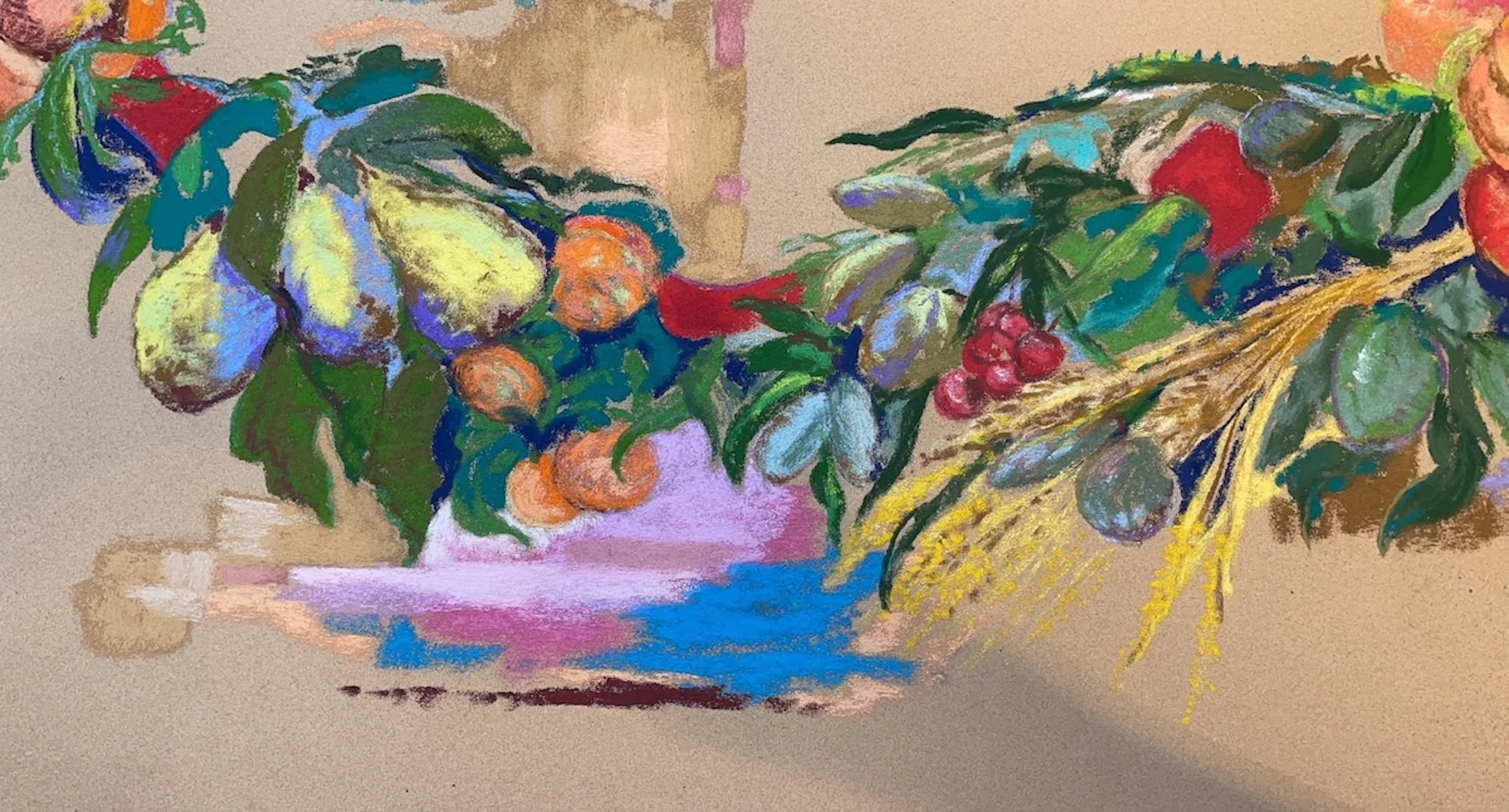 Colorful impressionistic still life painting of a bouquet of yellow, orange, red, blue, and purple flowers with green leaves in a pink and yellow vase, set on a pink table with a beige background.