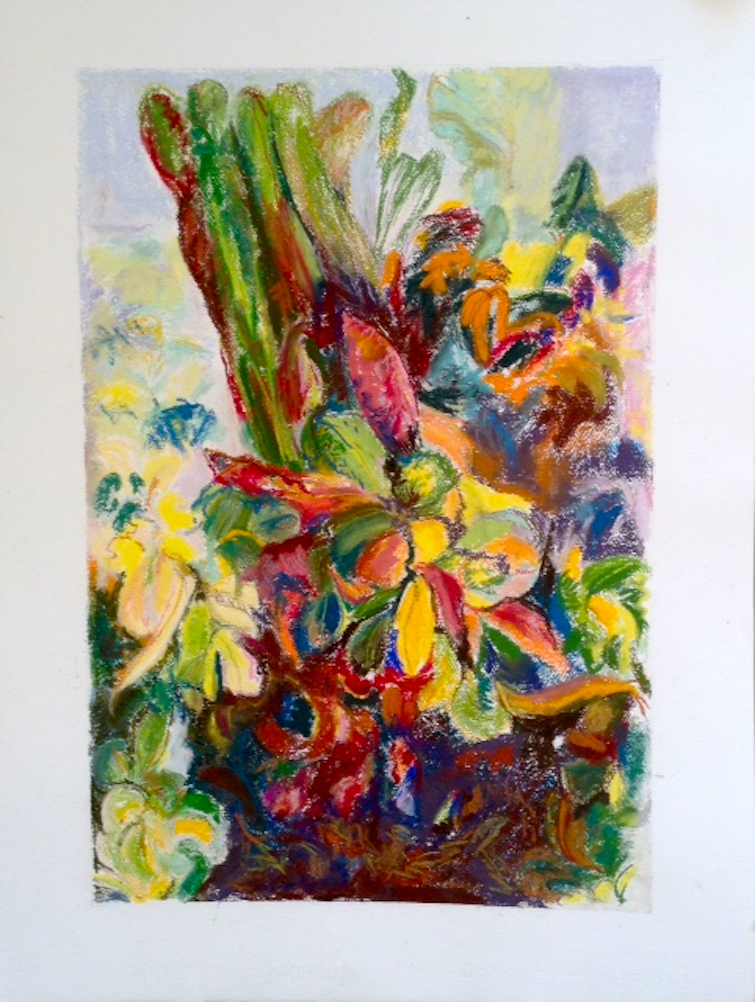 Colorful abstract painting with vibrant shades of red, yellow, green, blue, and purple, featuring swirling and layered brushstrokes.