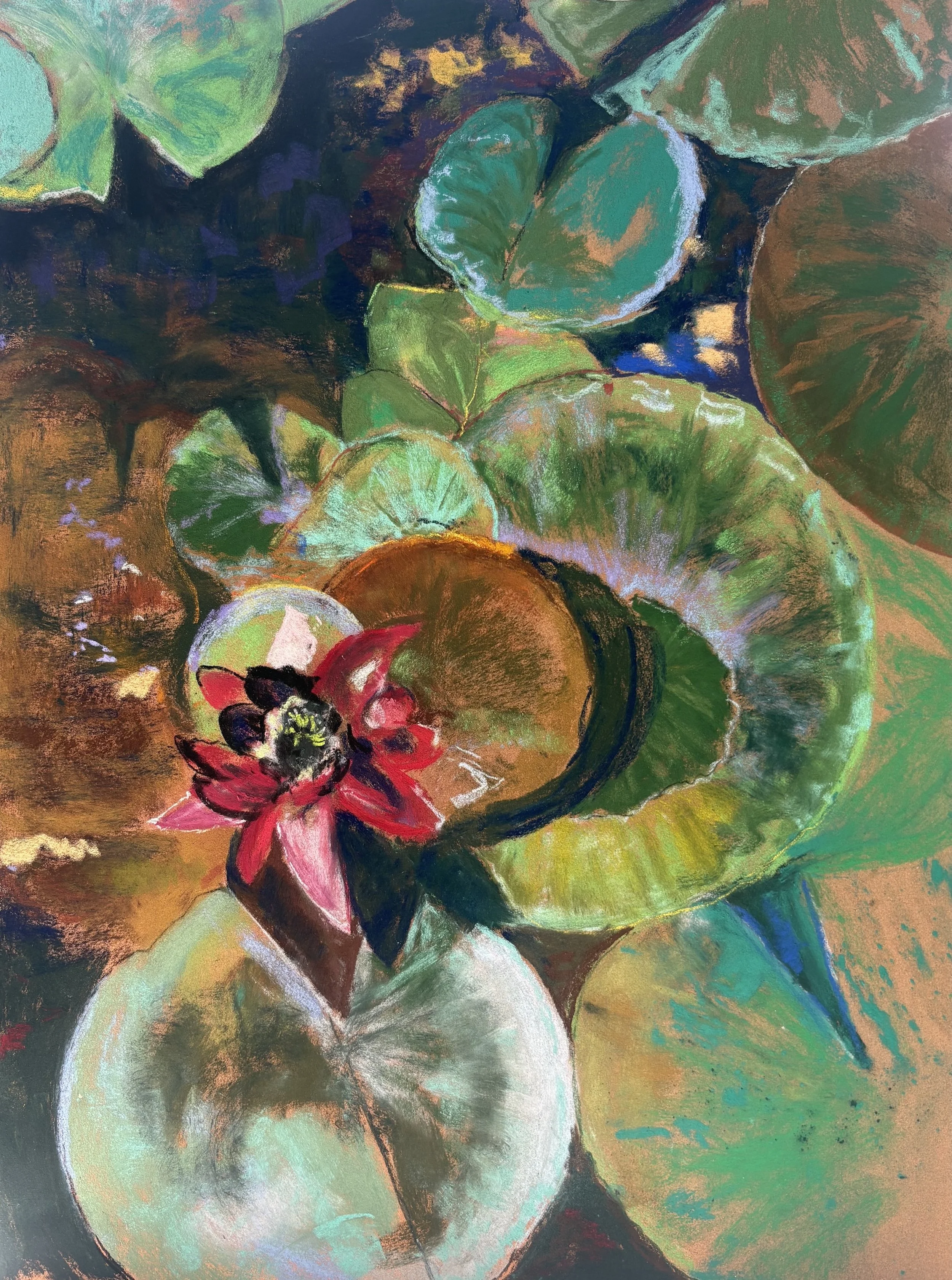 A colorful abstract painting featuring green leaves, a red and black flower, and several rounded shapes in shades of green, brown, and white with vibrant and dark background hues.
