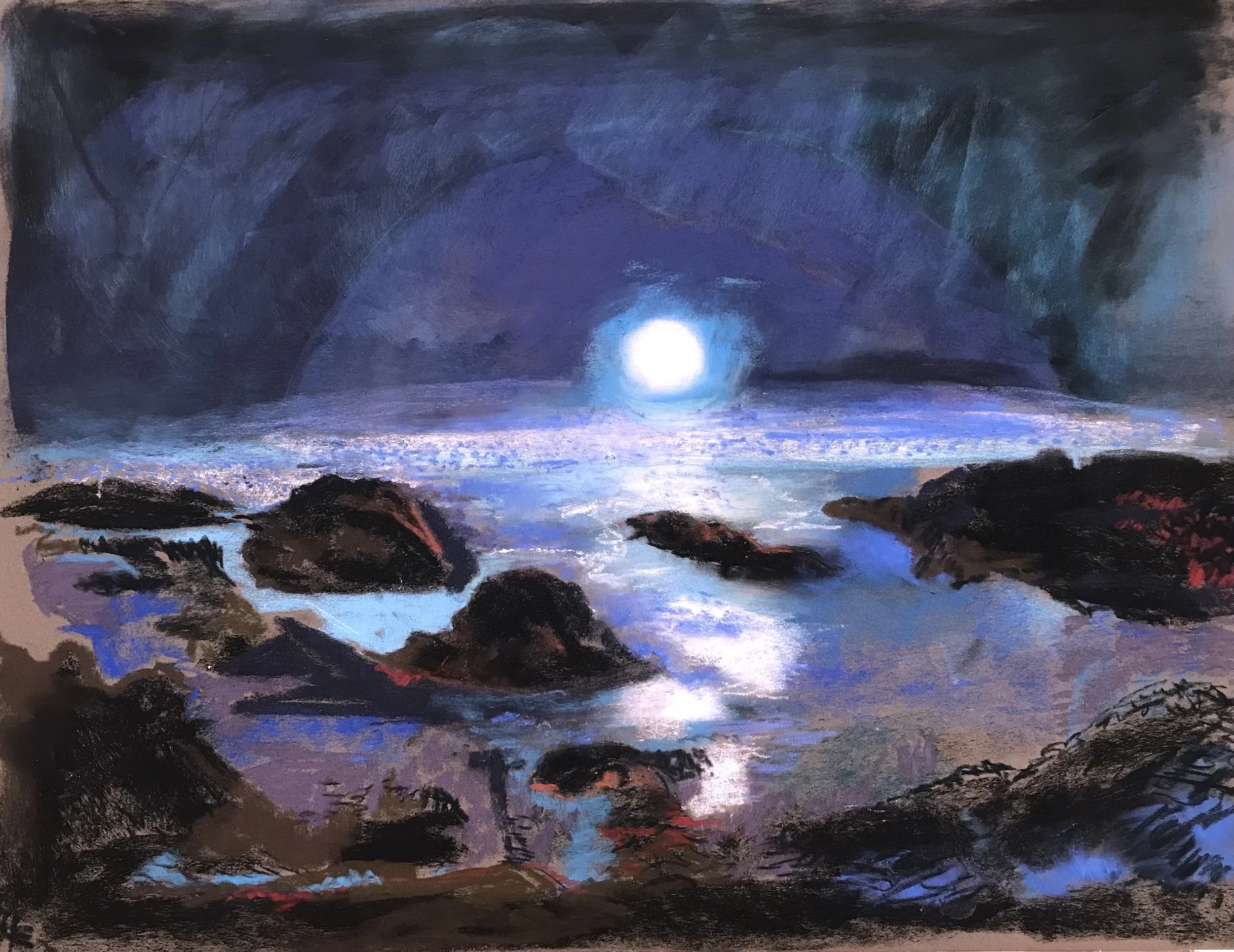 Painting of a moonlit landscape with rocky terrain and trees, showing a bright full moon reflecting on water.