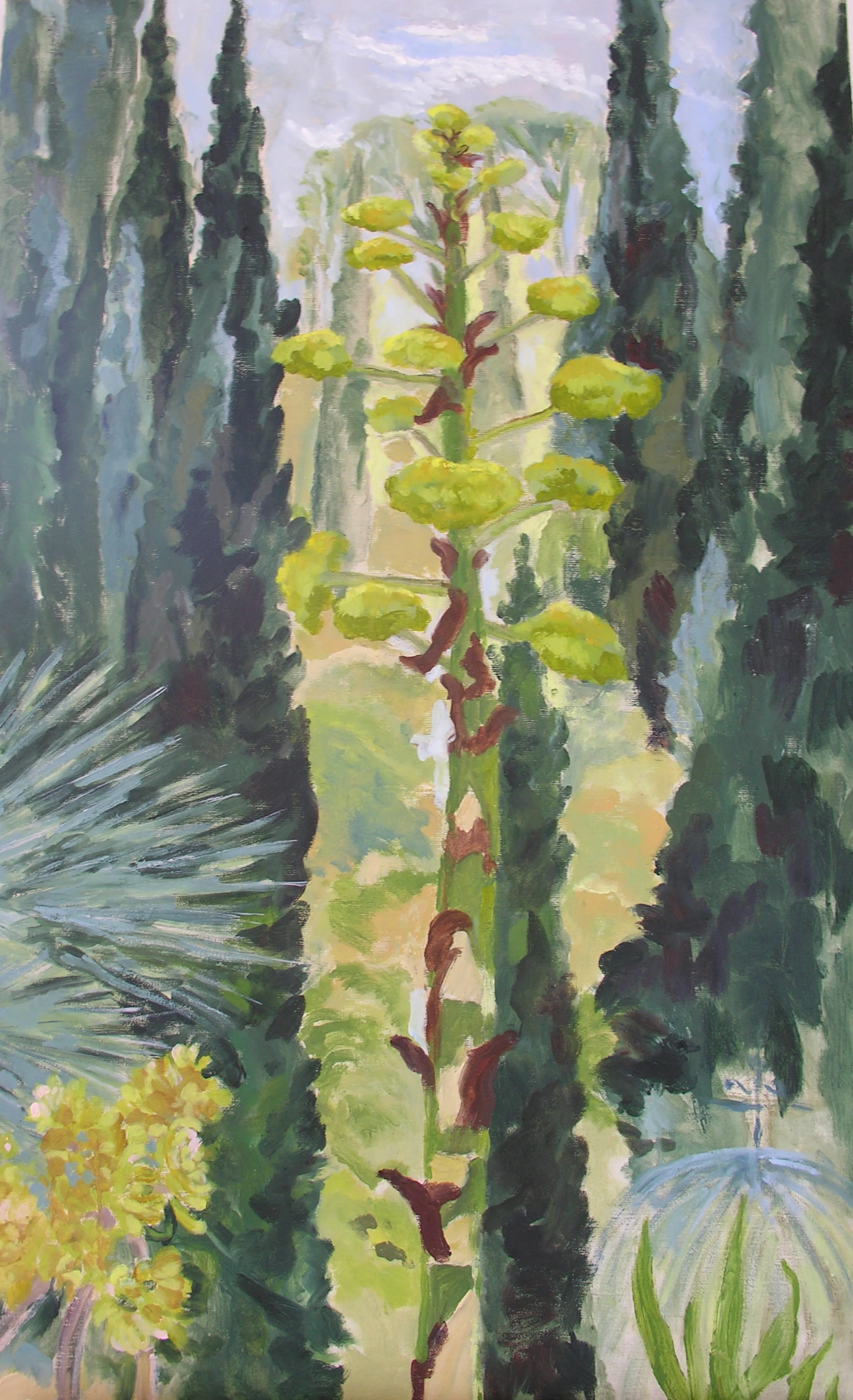 A painting of a tall, leafy plant with green and brown stems, set against a lush, green background with hints of yellow and pink flowers.