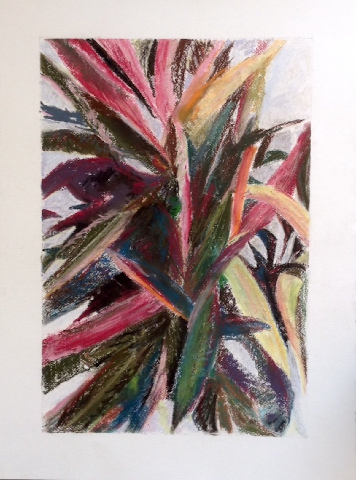Abstract colorful painting with bold strokes of pink, green, yellow, purple, blue, and black on white background.
