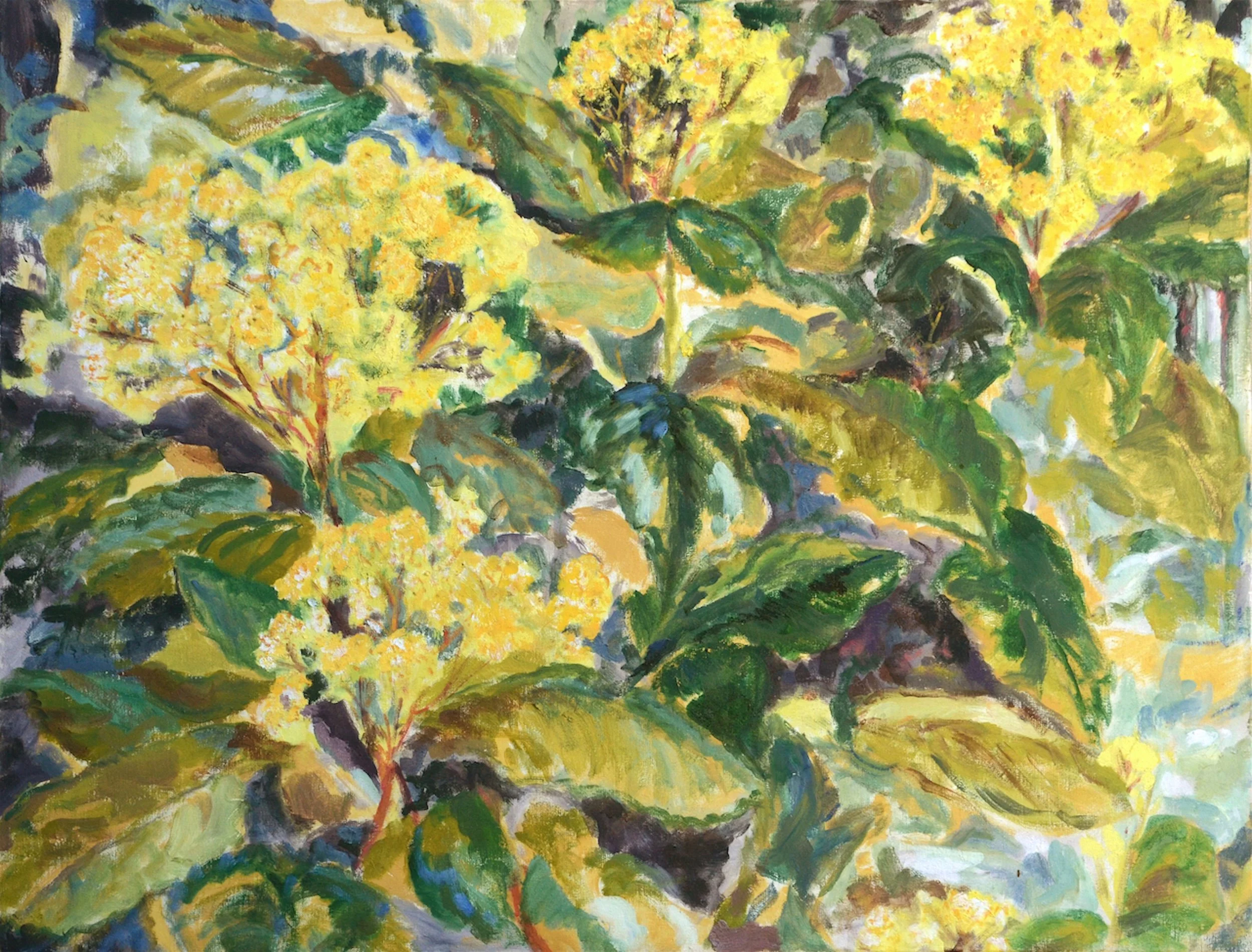 A colorful impressionist painting of green leaves and yellow flowering plants.