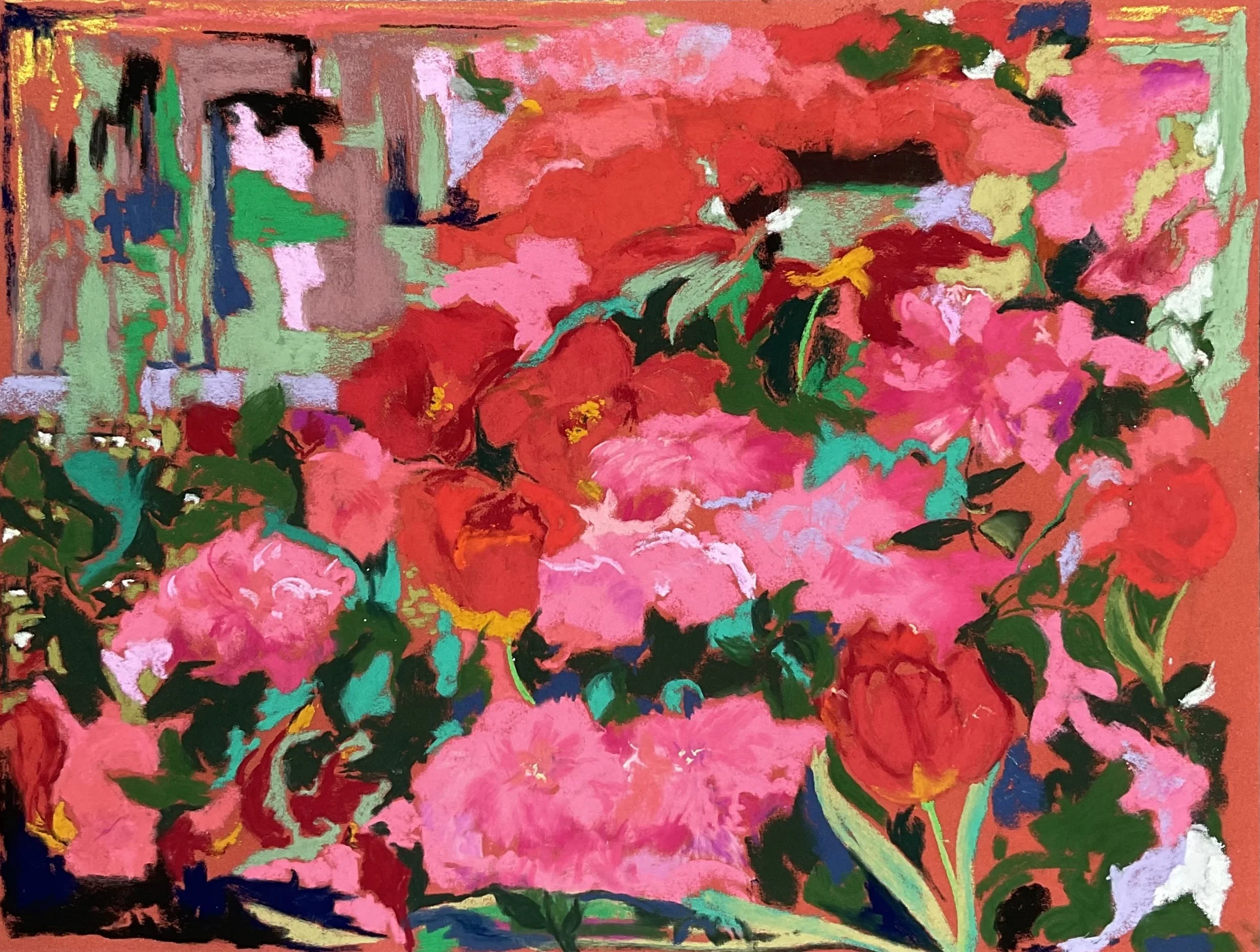 Bright abstract painting featuring large red and pink flowers, green leaves, and vibrant multicolored background with expressive brushstrokes.