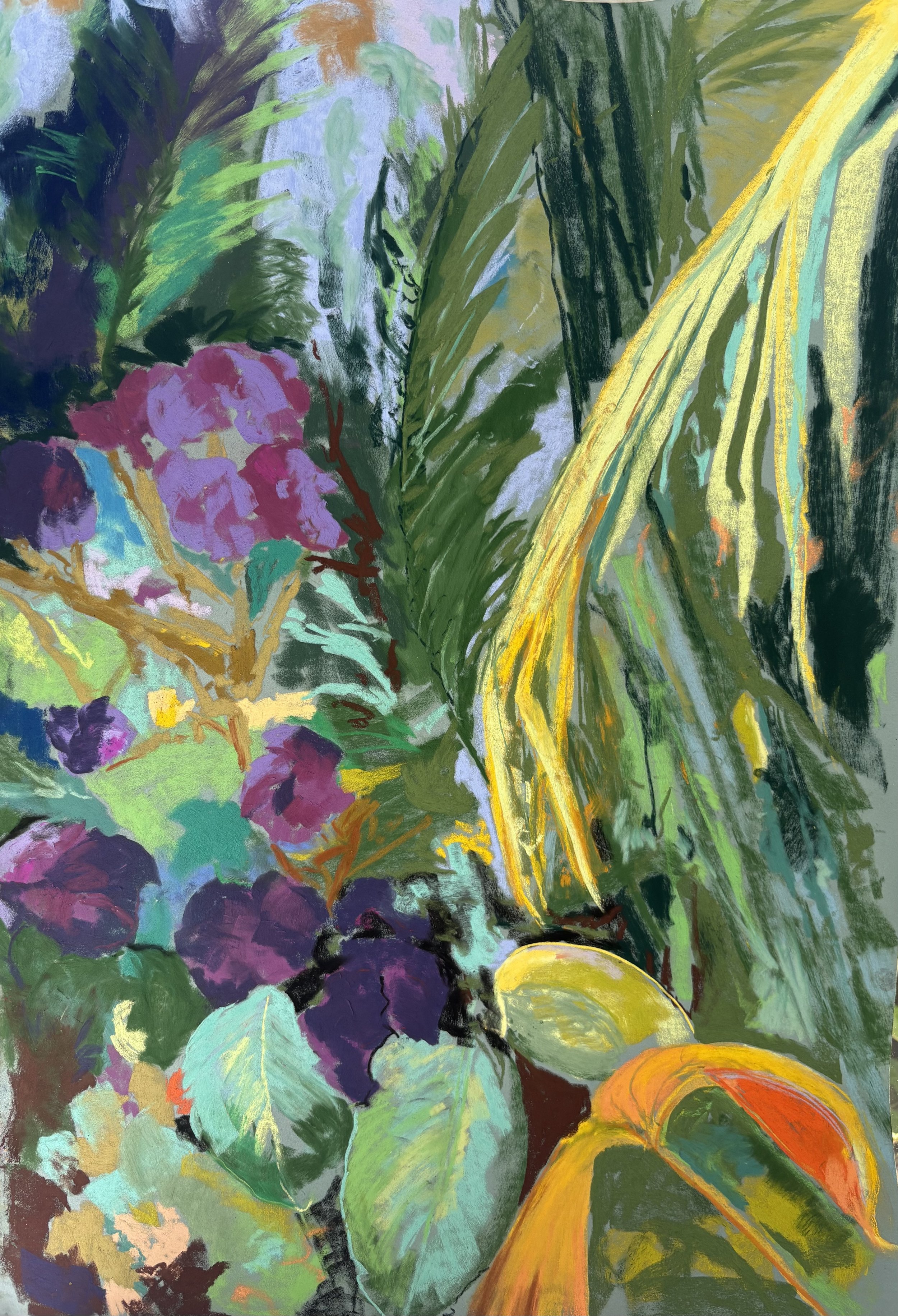 Colorful painting of a vegetable garden with purple hydrangeas, green leaves, and a yellow and orange squash on the ground.