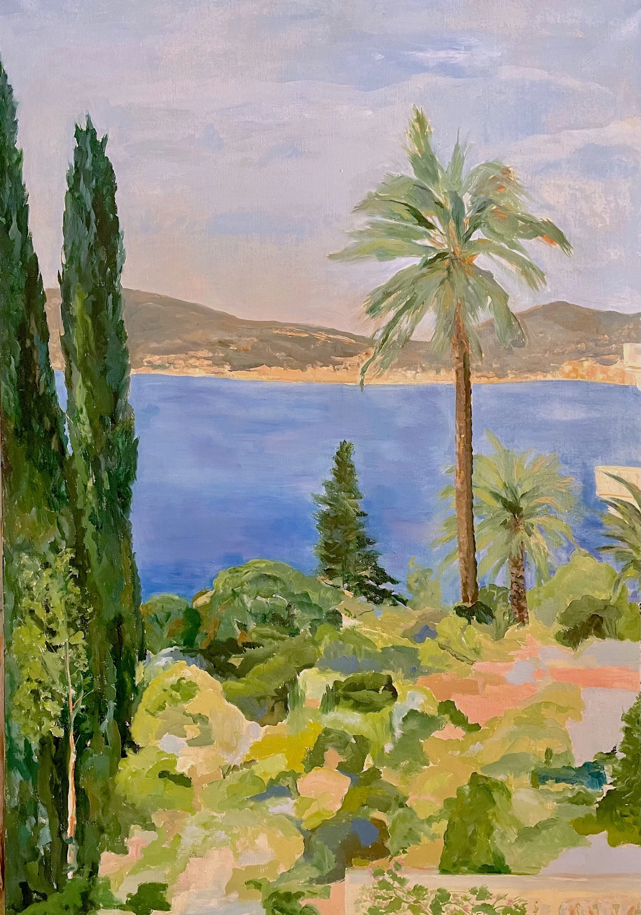 Landscape painting with tall green trees, a body of water, hills, and a cloudy sky.