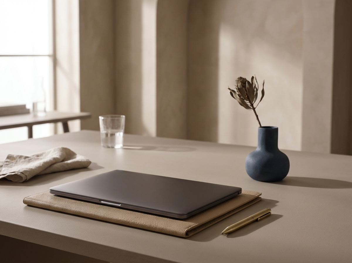 A table with a closed gray laptop, a gold pen, a beige notebook, a glass of water, and a blue vase with a dried flower inside. Sunlight streams in through a window in the background.