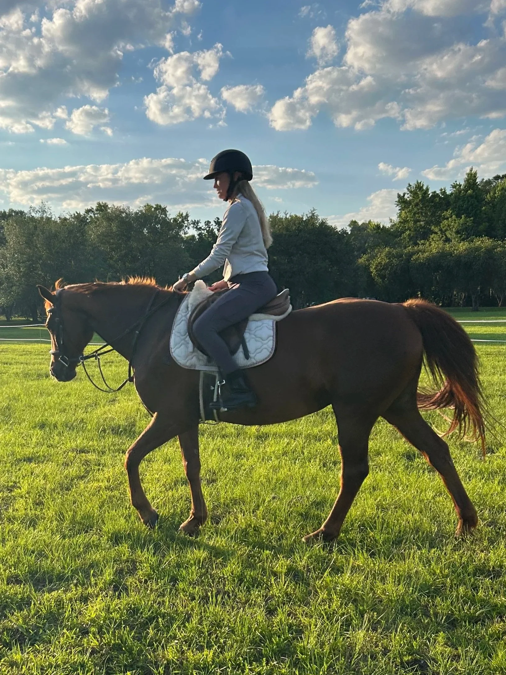 A person riding a horse on a grassy field under a partly cloudy sky.