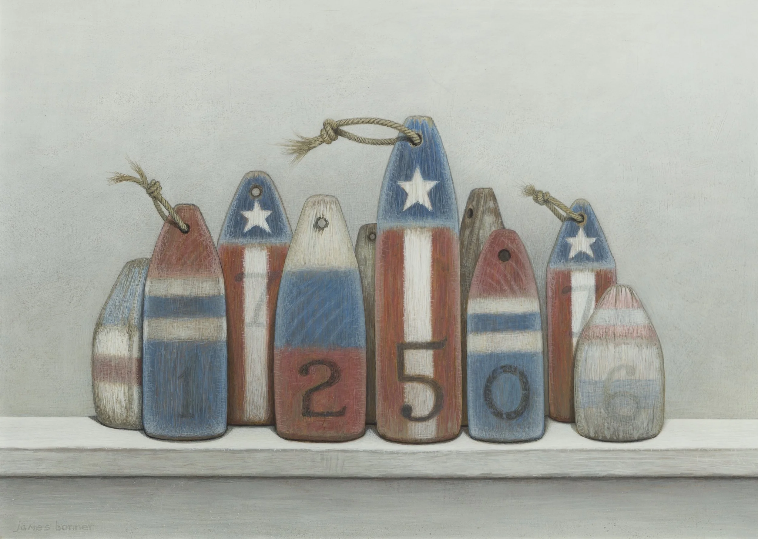 Vintage Buoys 1776-2026, 2025
(egg tempera on panel) 
20h x 28 in. unframed / 
26 x 34 in. framed /
$12,000
