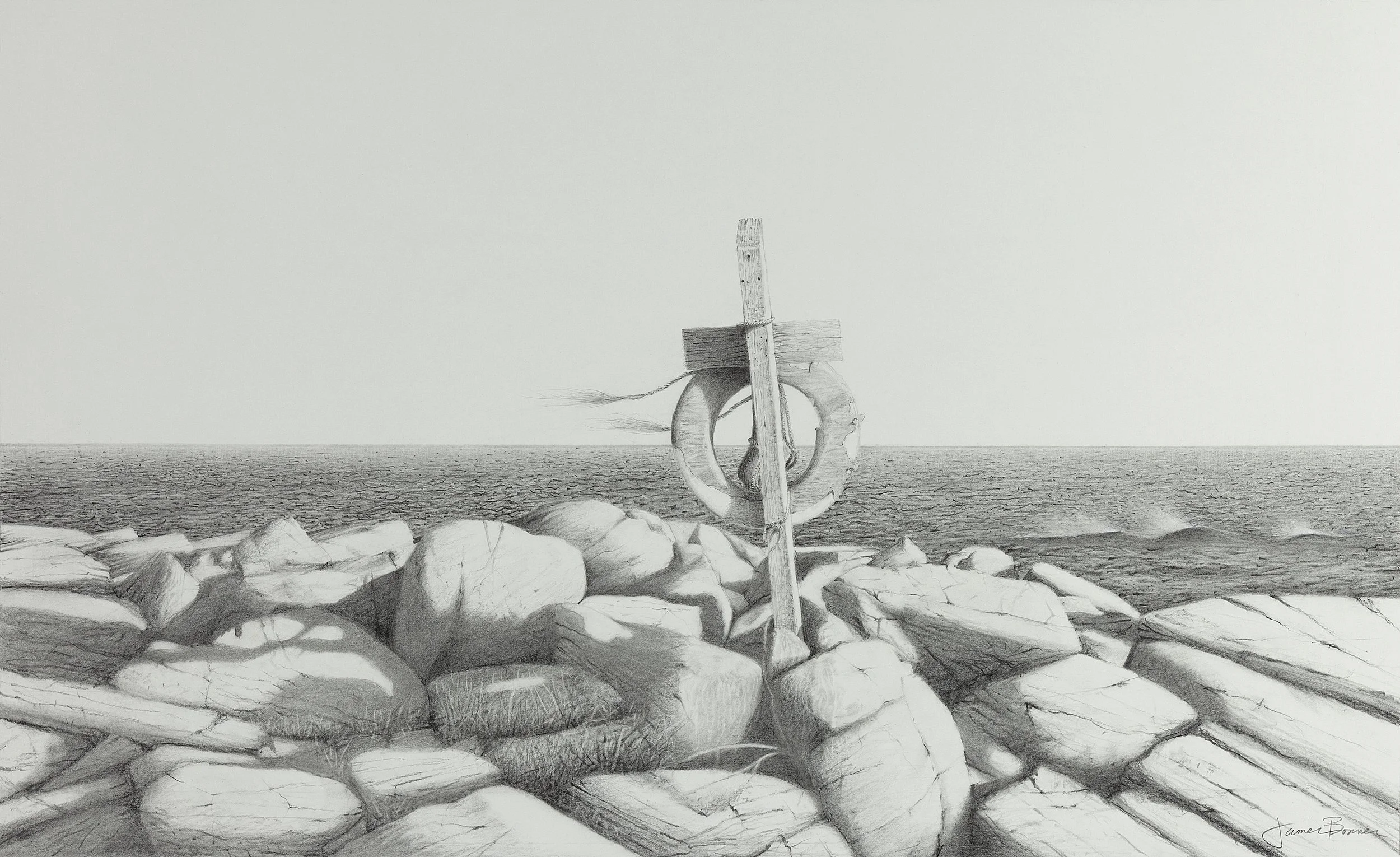 Monhegan Lifeline Study, (graphite drawing on mounted paper) 19.25 x 31.5 in. unframed / 26 x 39 in. framed / $4,000