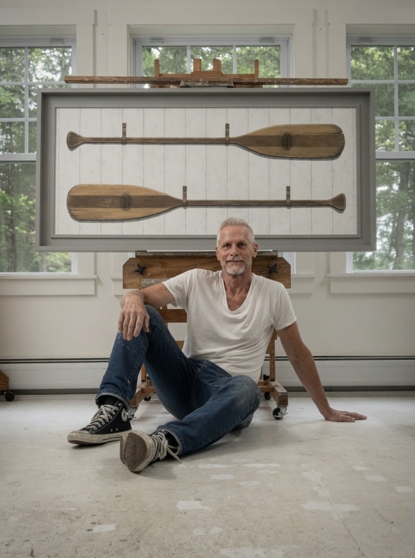 James Michael Bonner sitting in front of his painting of vintage paddles