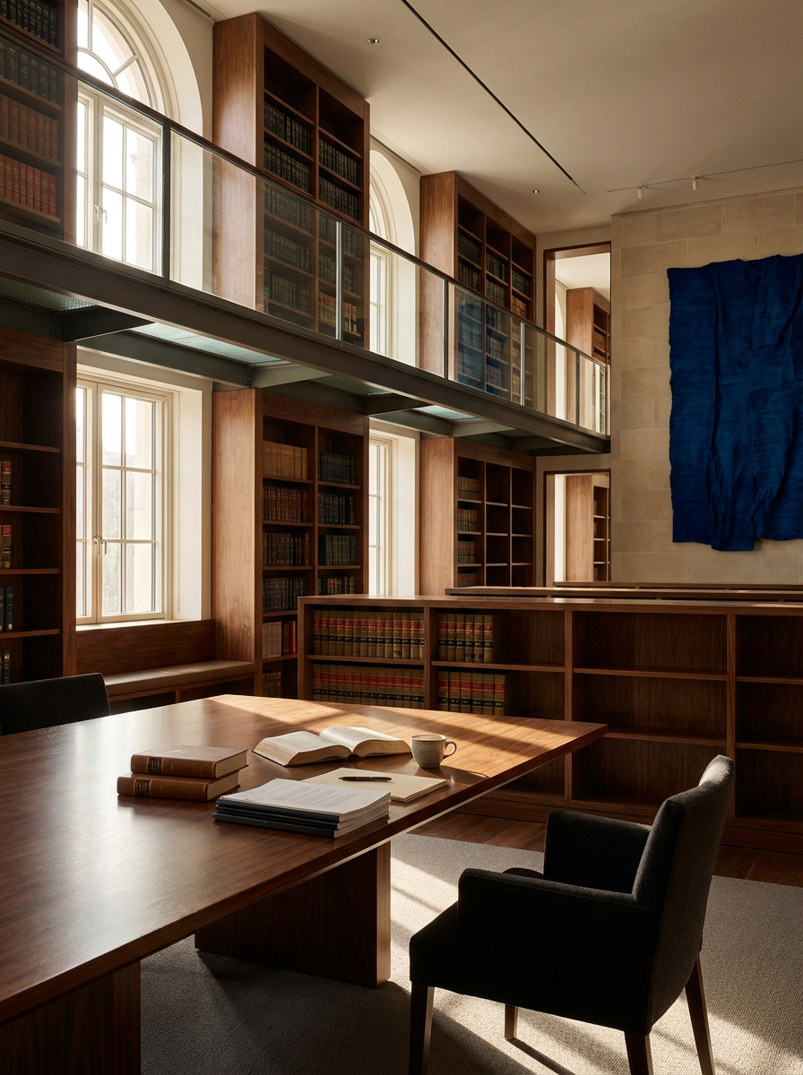 A well-lit library room with wooden bookshelves filled with books, large windows, a wooden table with open books, notebooks, a pen, and a coffee cup, and a black chair.