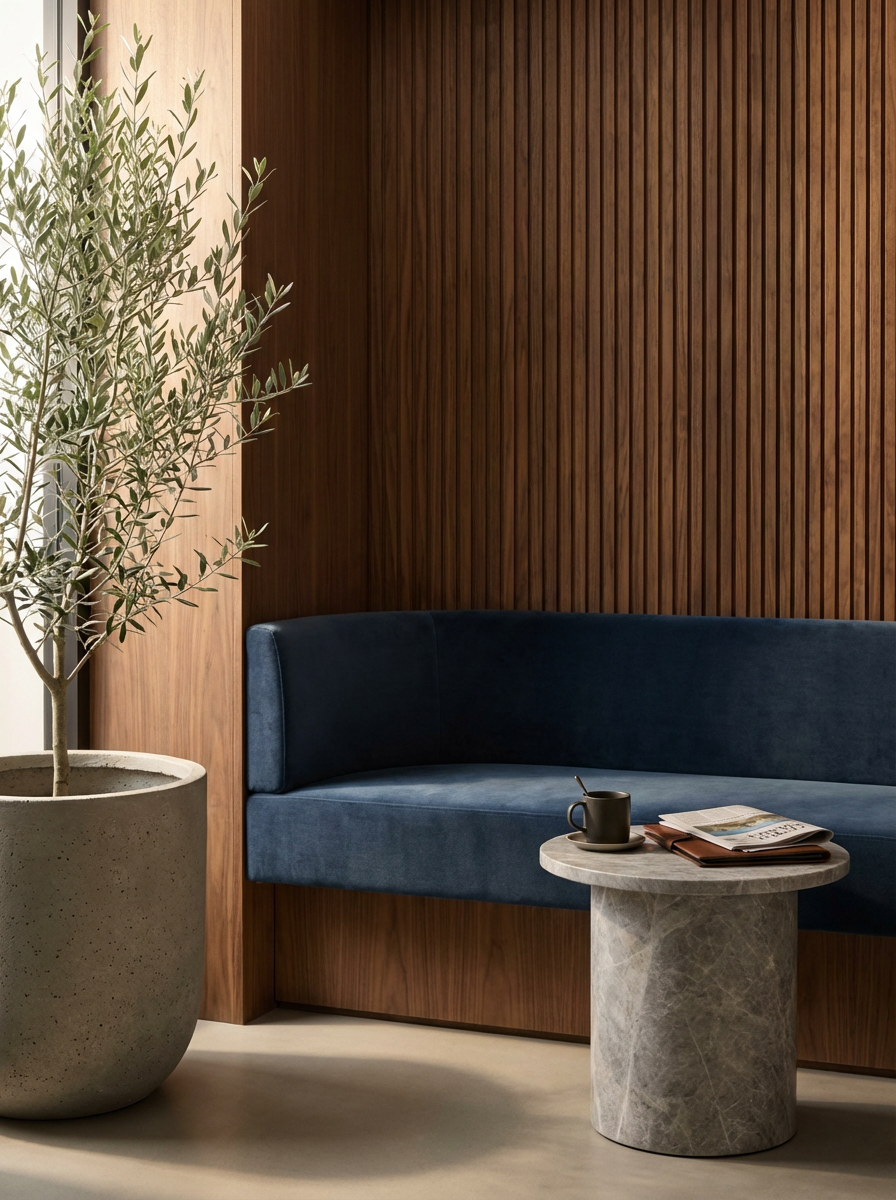 Interior of a modern waiting area with a large potted olive tree, a navy blue curved sofa, and a round marble side table with a coffee cup and an open magazine.