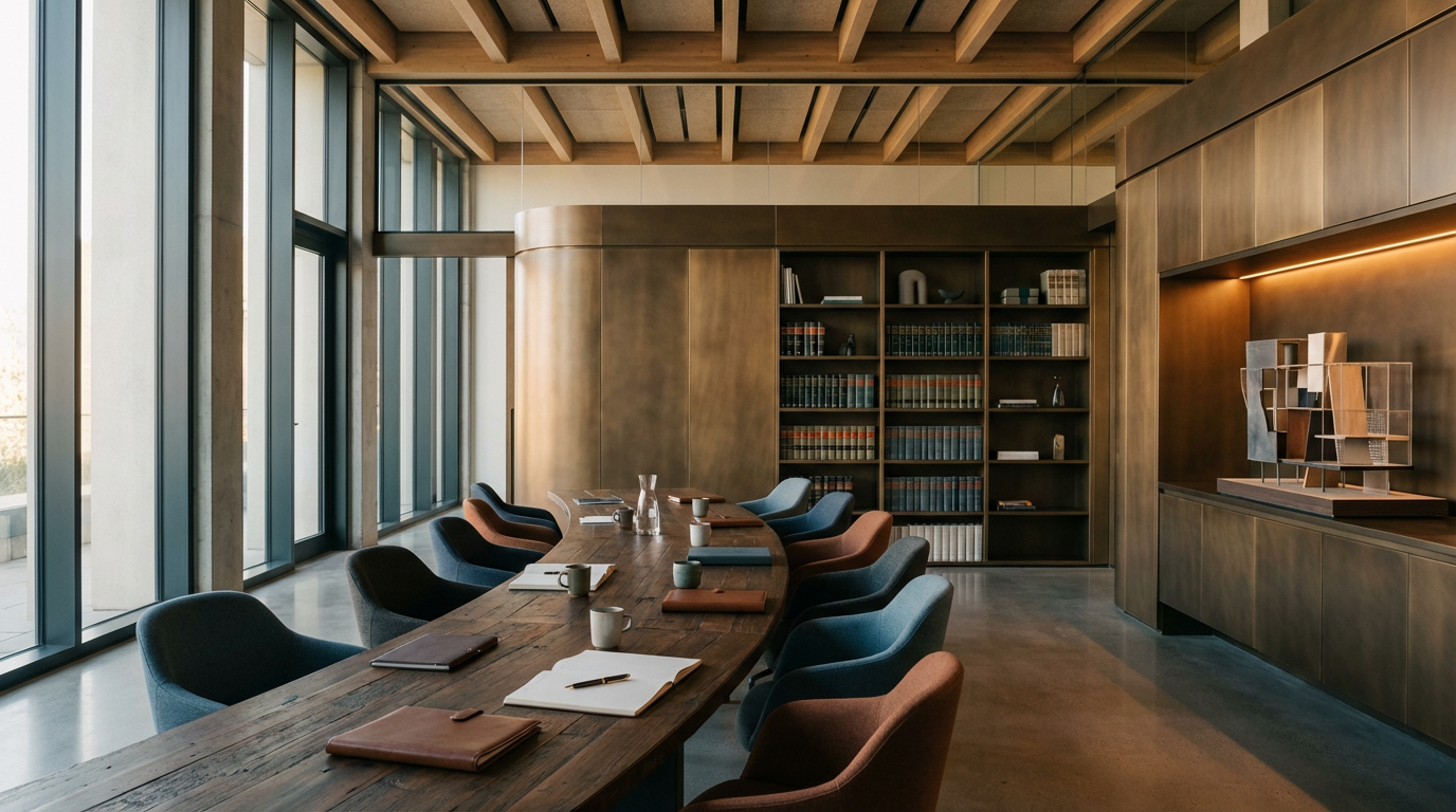 Modern conference room with a long wooden table, chairs, and floor-to-ceiling windows. There is a bookshelf and a model of a building on the wall.