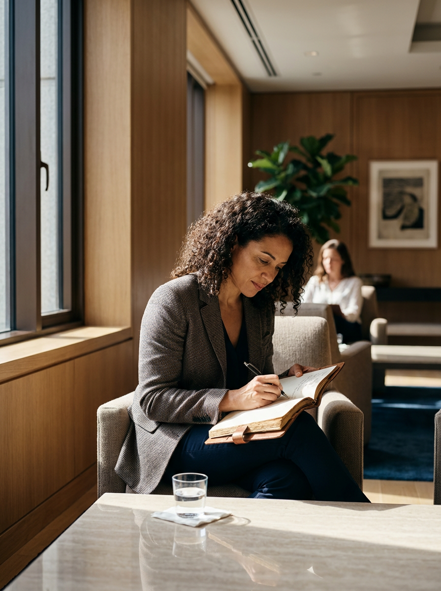 A woman with curly hair and a blazer sitting in a modern, well-lit room, reading and writing in a large notebook, with a glass of water on the table in front of her.