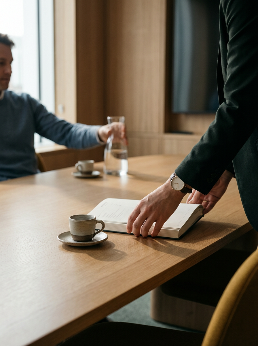 Person in business attire turns pages of a notebook at a wooden conference table, with a coffee cup and saucer, a glass carafe of water, and a man seated in the background.