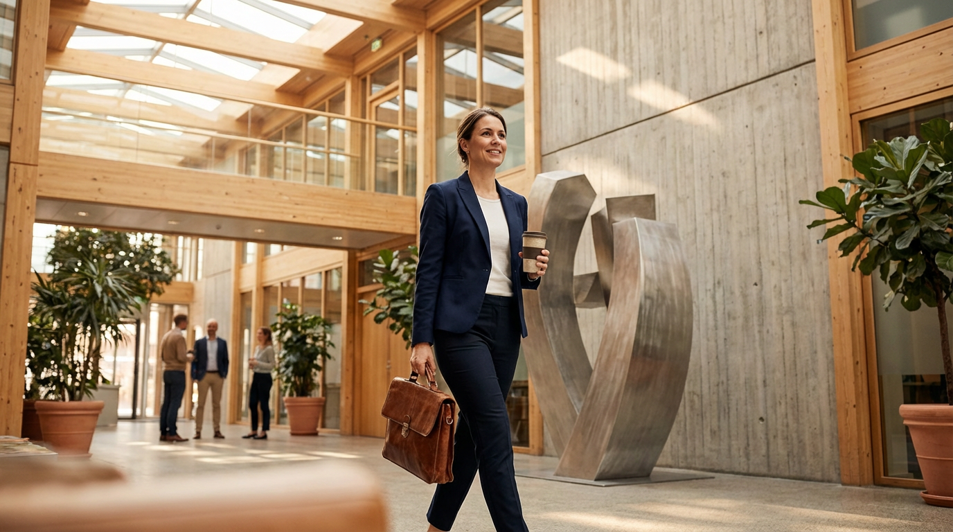 A professional woman walking through a modern office lobby, holding a coffee cup and carrying a leather briefcase, with a metal sculpture and other people in the background.