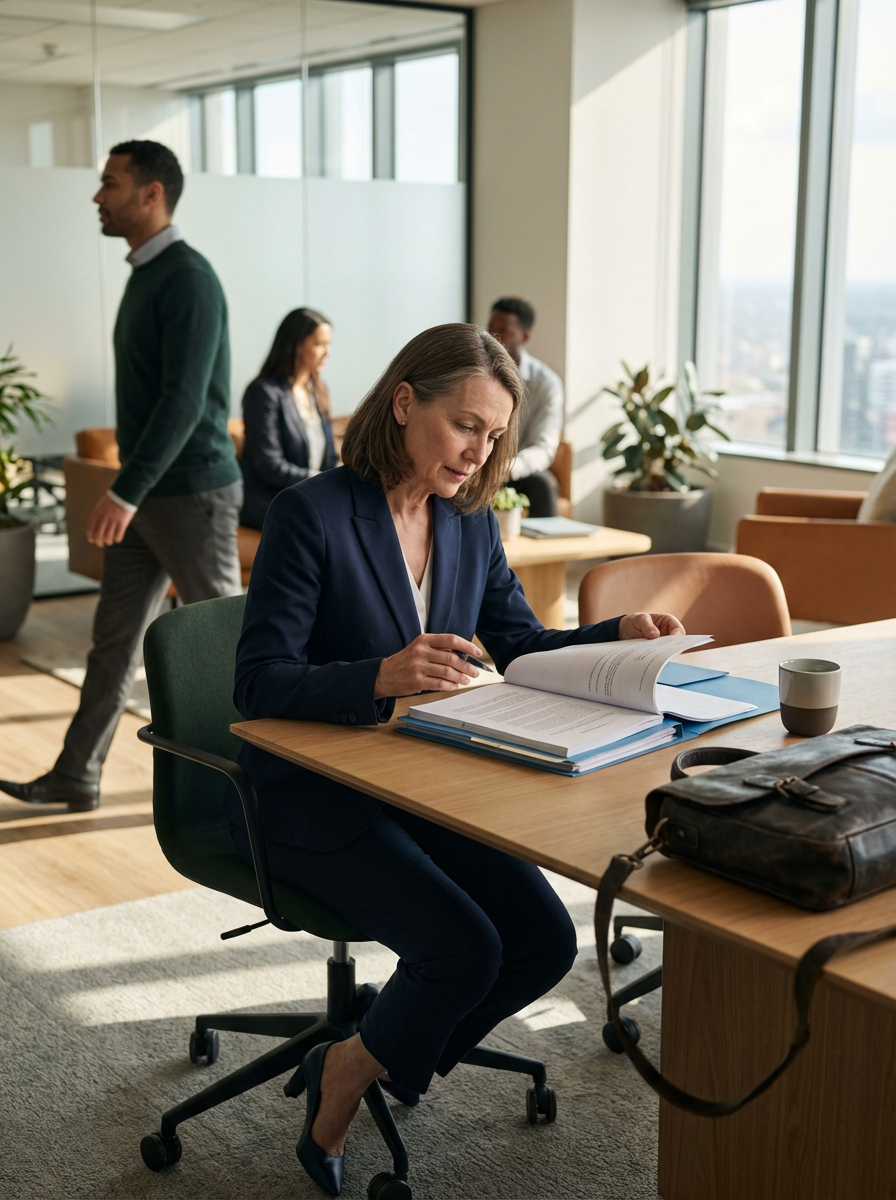 Businesswoman in formal attire sitting at a desk, reading documents in an office with large windows and other professionals in the background.