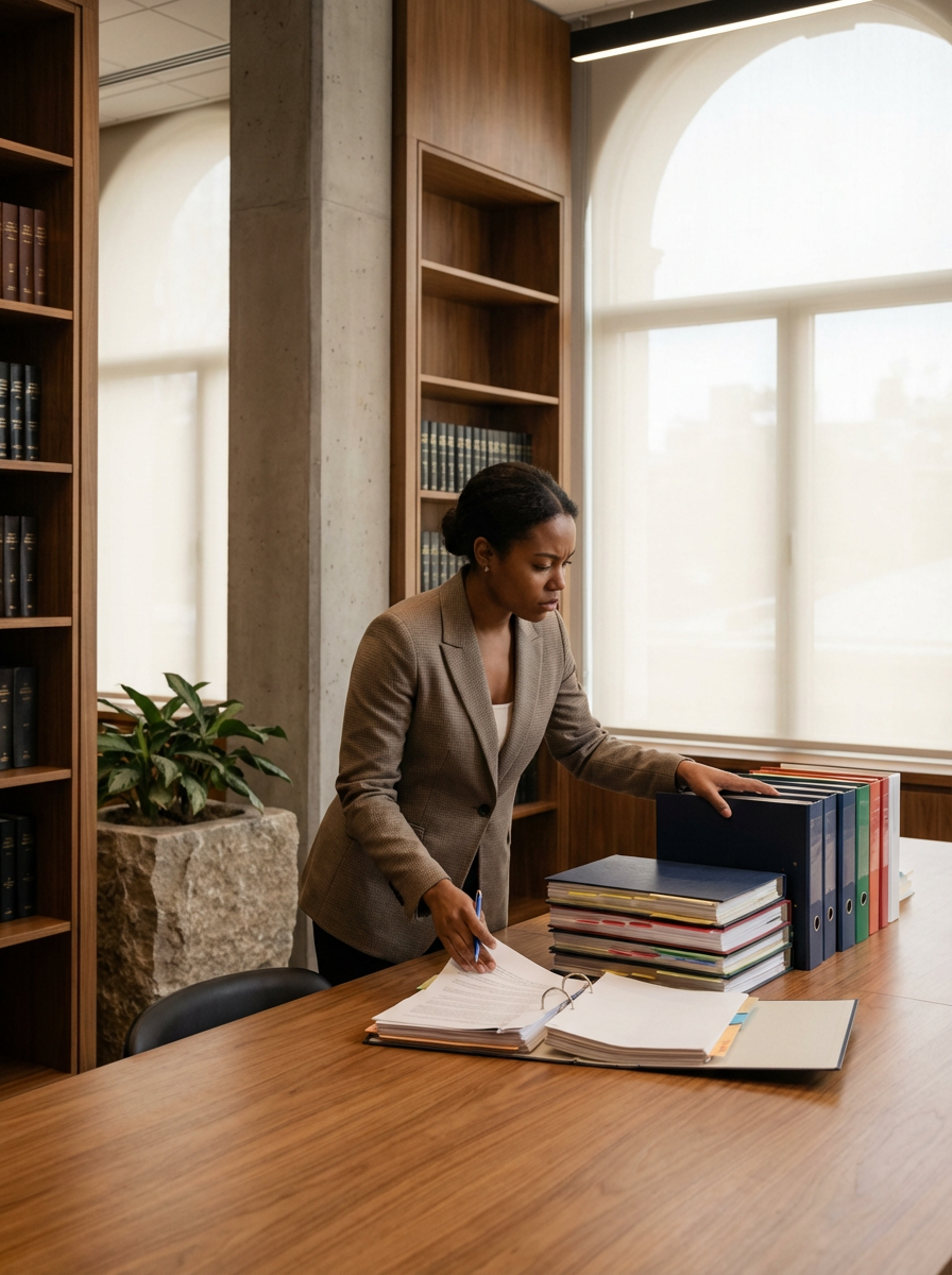 A woman in a tan blazer organizing files and documents at a wooden table in an office with large windows and bookshelves.