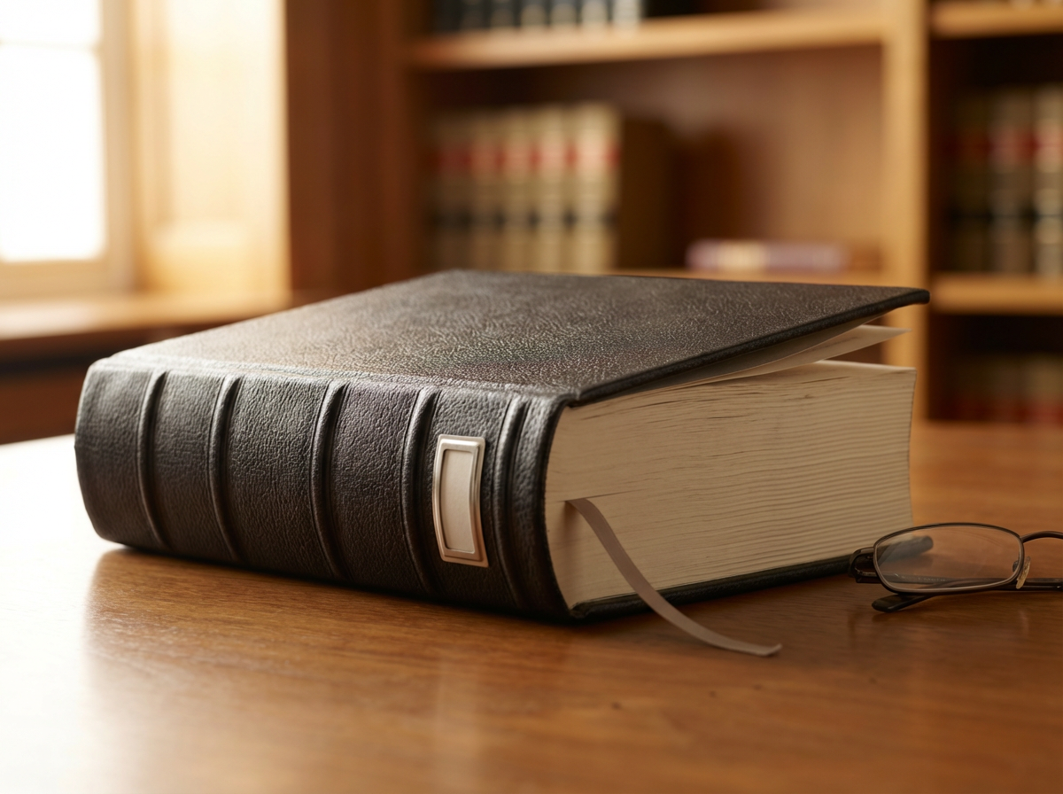 A thick hardcover book with a black textured cover and a white ribbon bookmark on a wooden table, with eyeglasses beside it and a blurred bookshelf in the background.