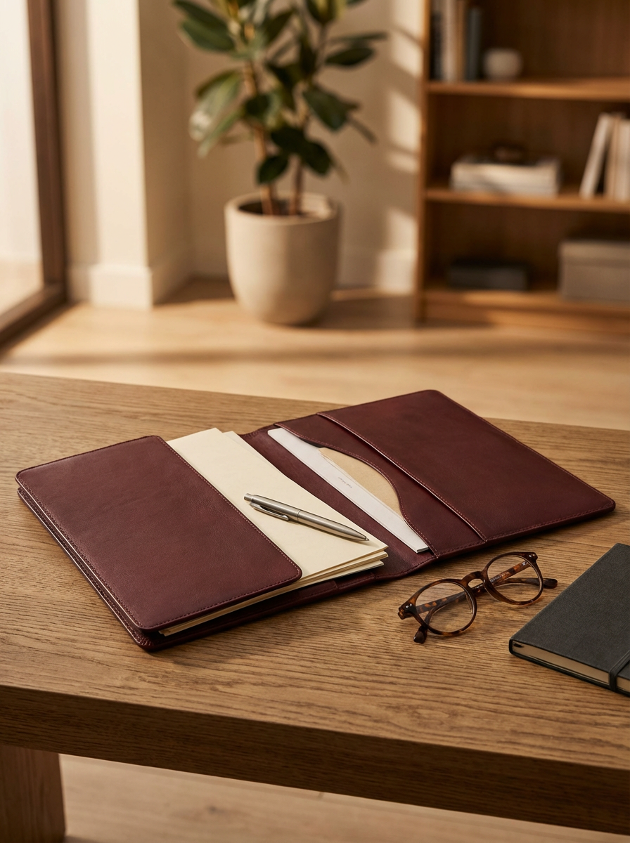 Open leather organizer with pen, papers, and glasses on wooden table, with potted plant and bookshelf in background.