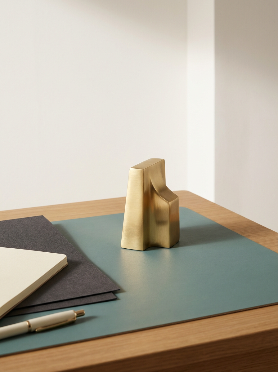 Decorative gold-colored sculpture on a wooden desk, next to notebooks, paper, and a pen.