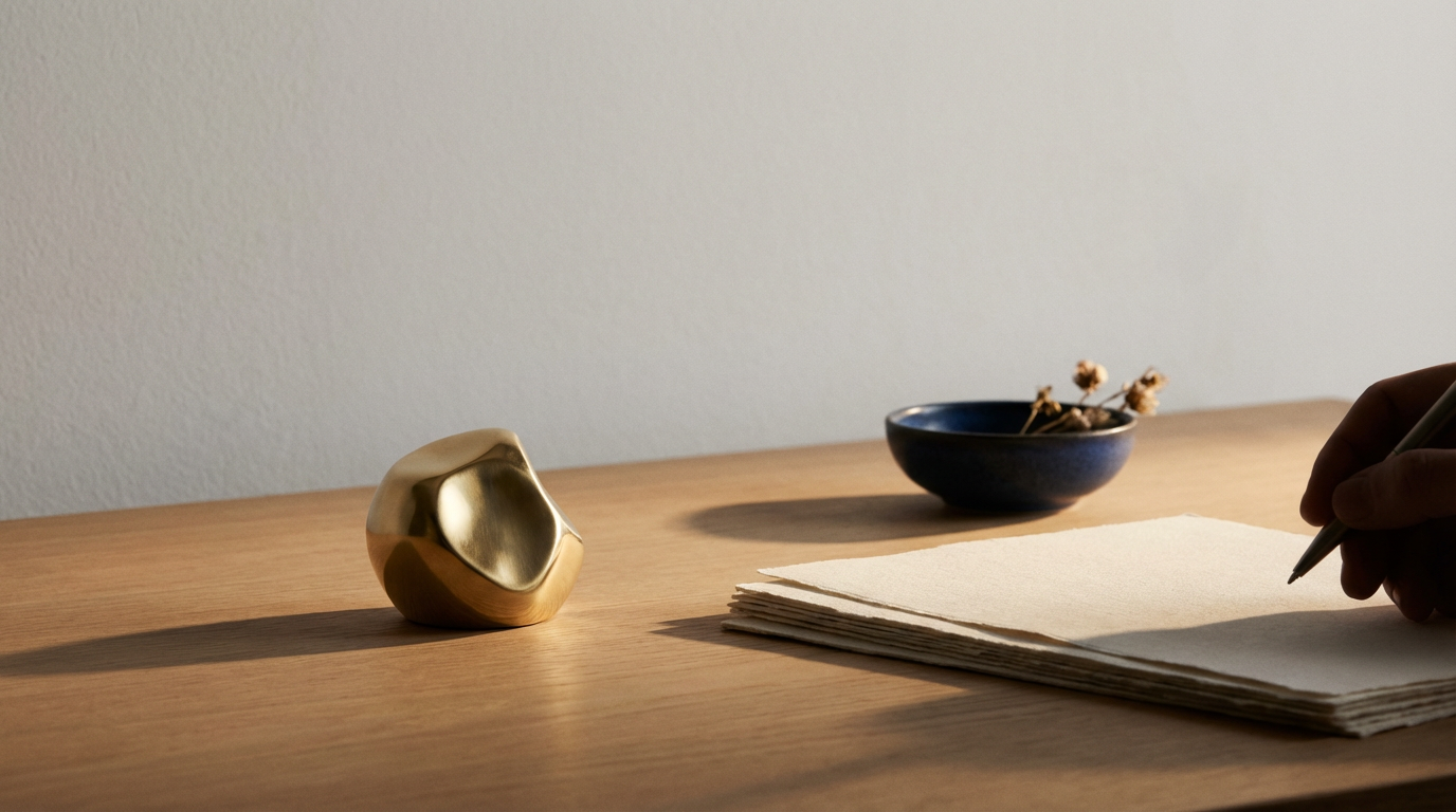 A wooden table with a golden abstract-shaped object, a blue bowl with dried flowers, and a hand writing on a stack of white paper.